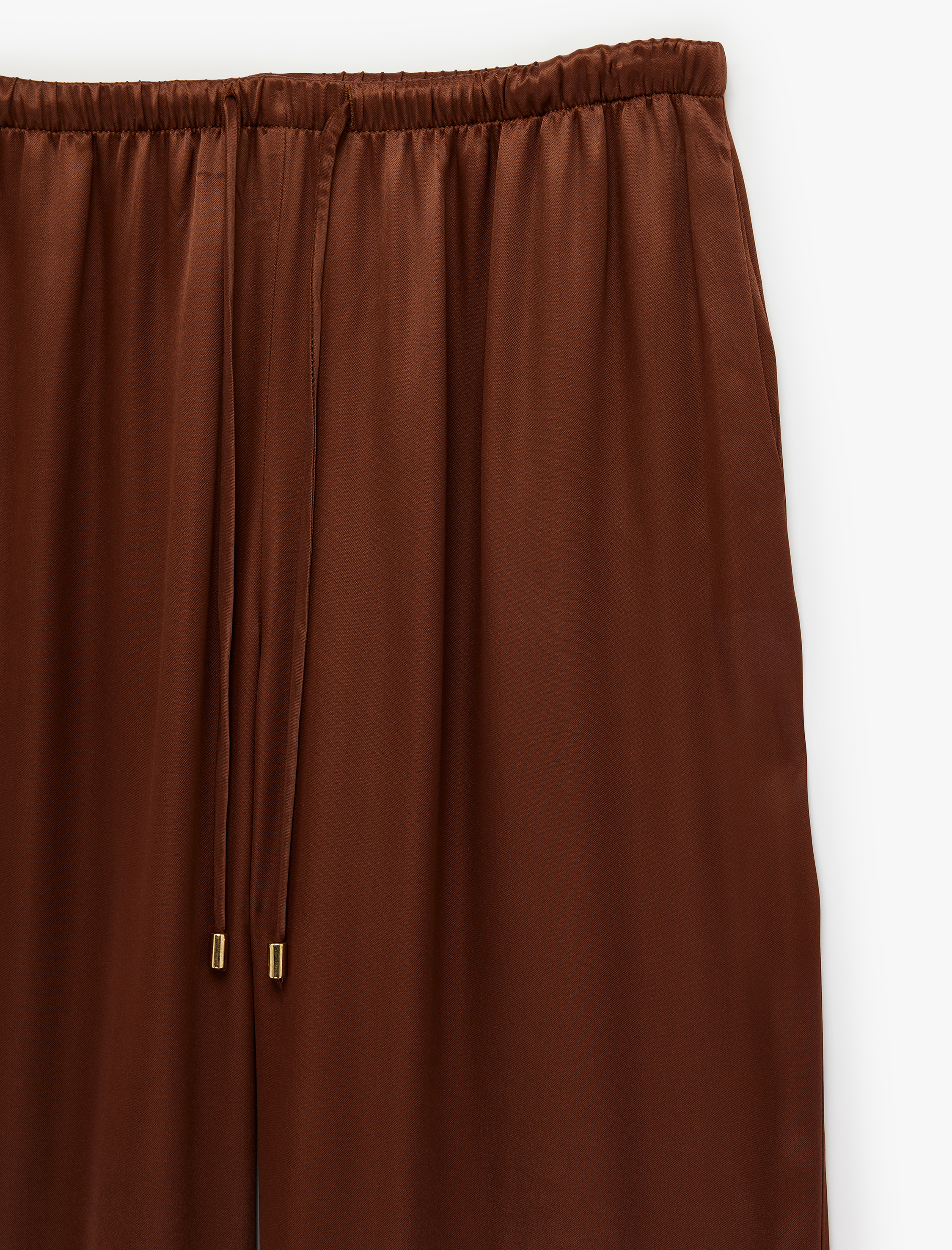   Beli Bağlamalı Düz Bol Paça Saten Pantolon
