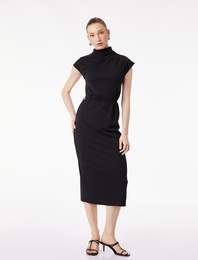 Drapeli Dik Yaka Kolsuz Midi Elbise