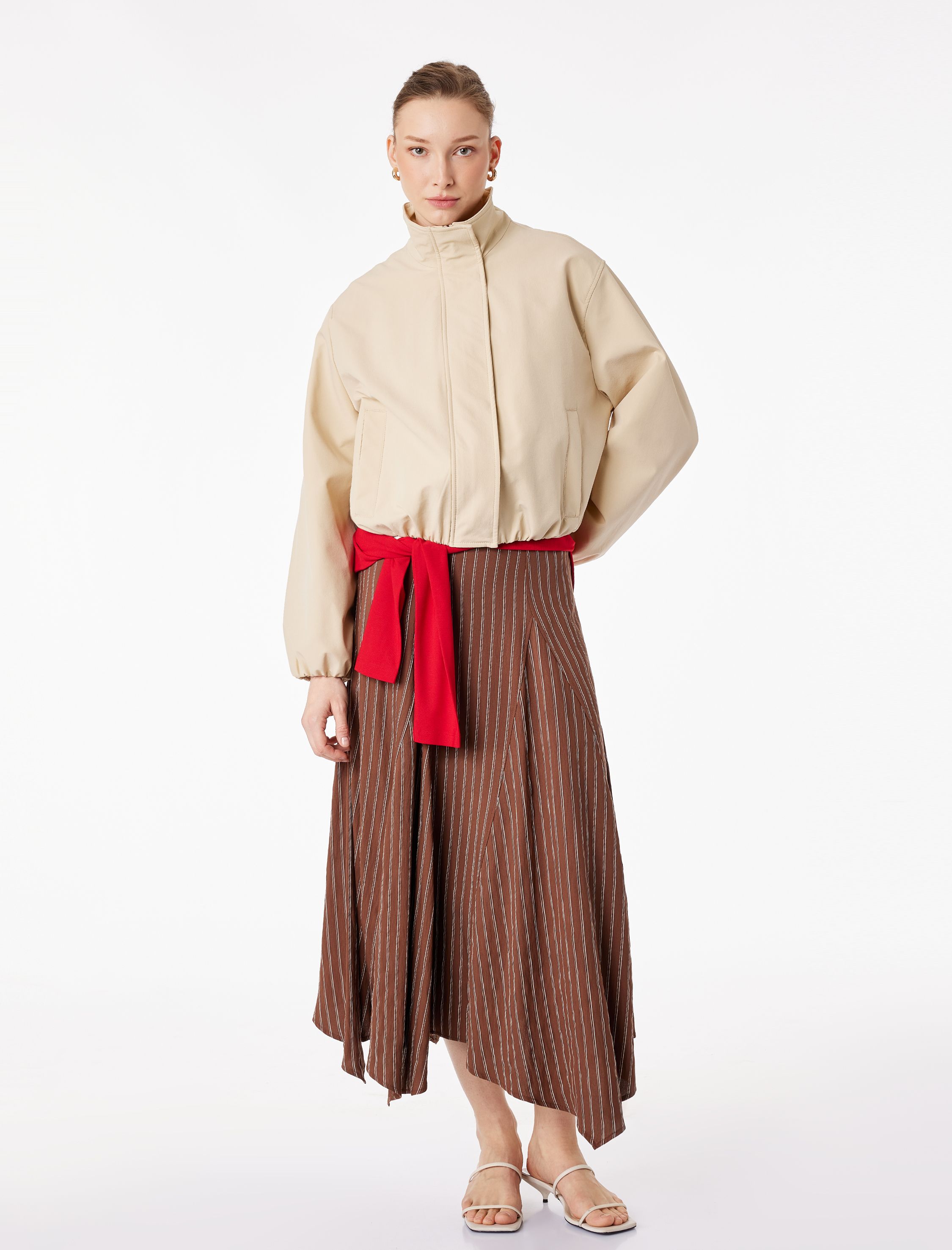   Viskoz Karışımlı Asimetrik Çizgili Midi Etek