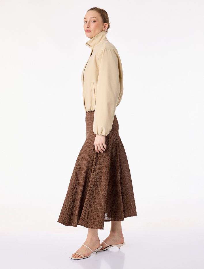  Pamuklu Pile Detaylı Kareli Midi Etek