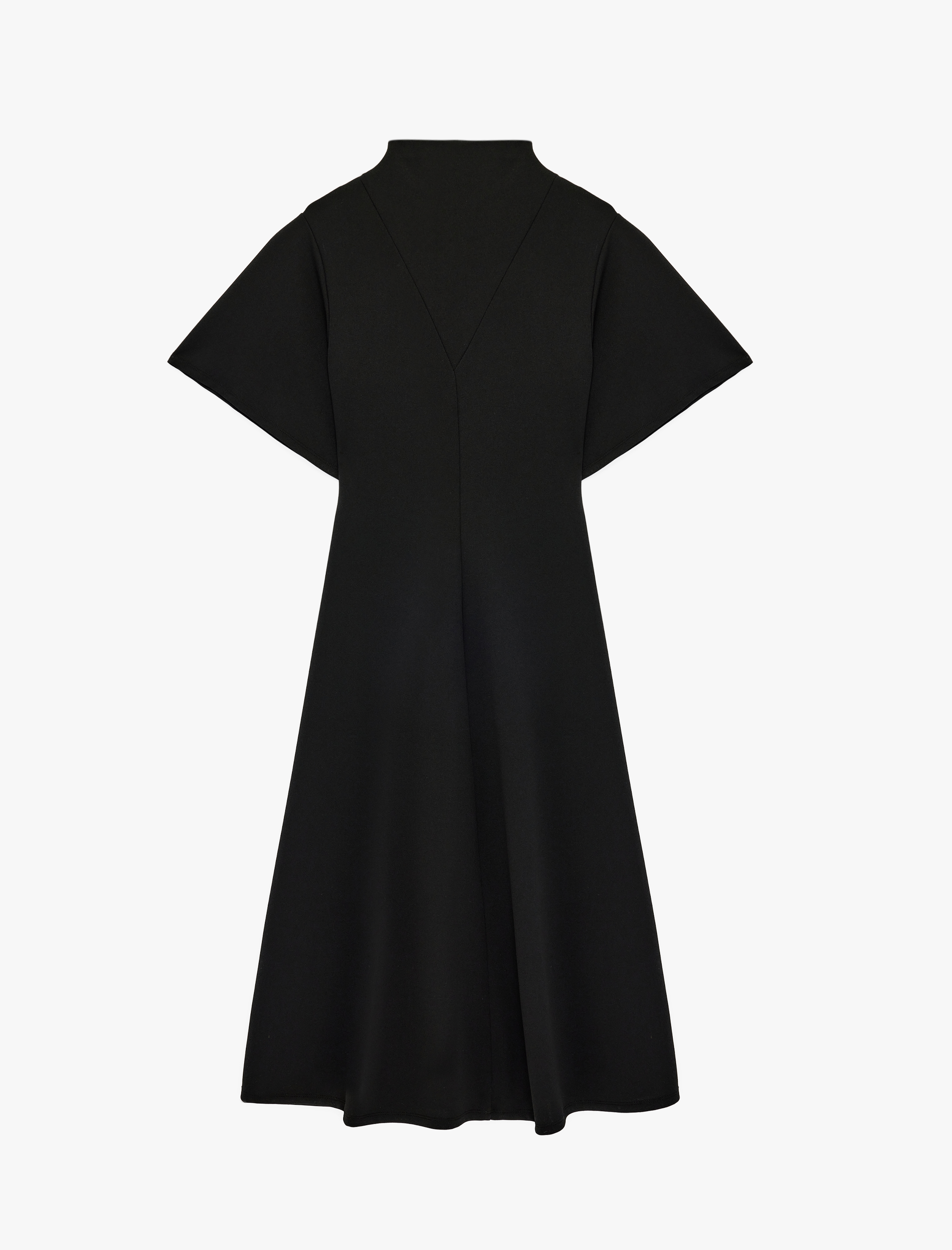   Krep Scuba Kumaş Kısa Yarasa Kollu Geniş Dik Yaka Uzun Elbise