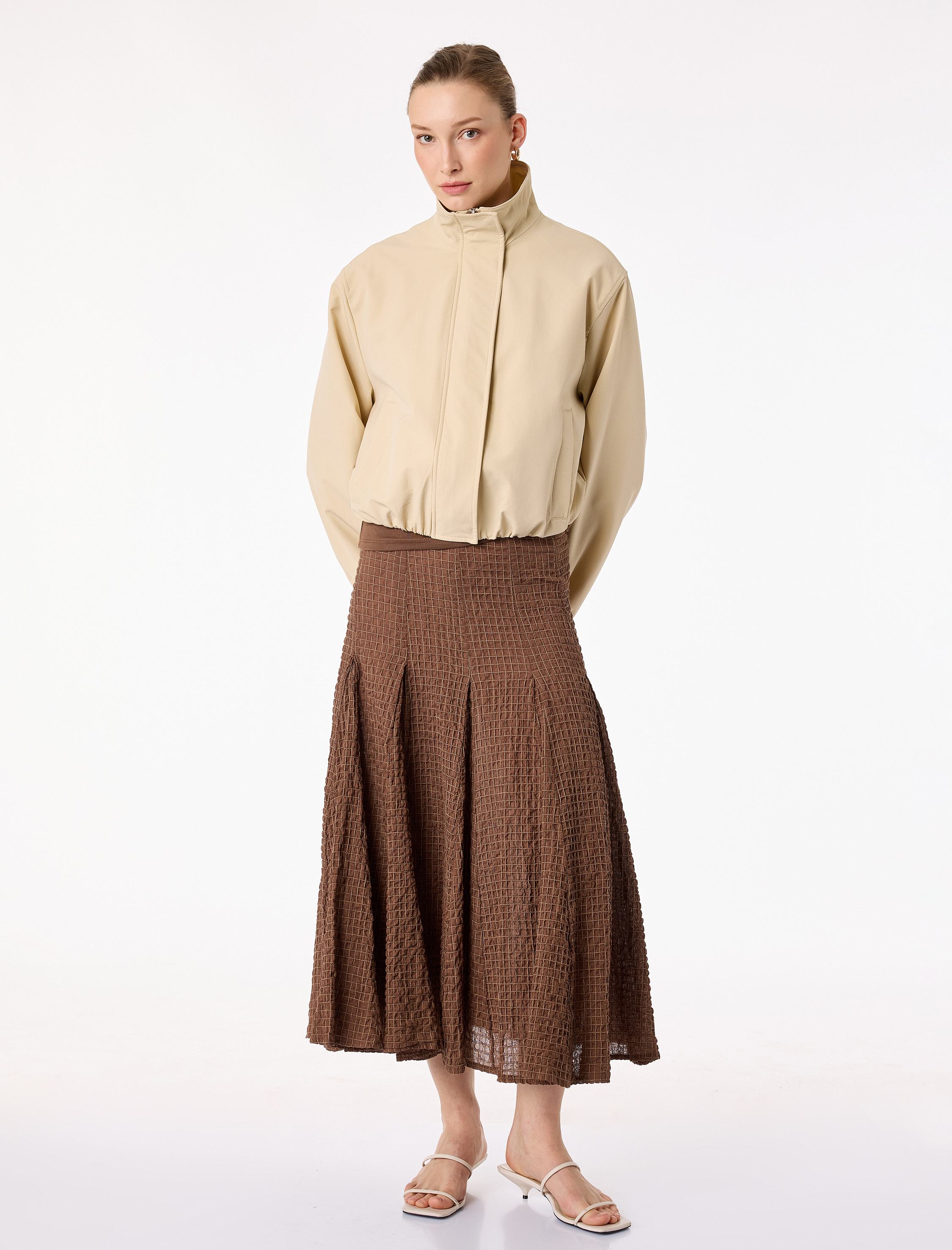   Pamuklu Pile Detaylı Kareli Midi Etek