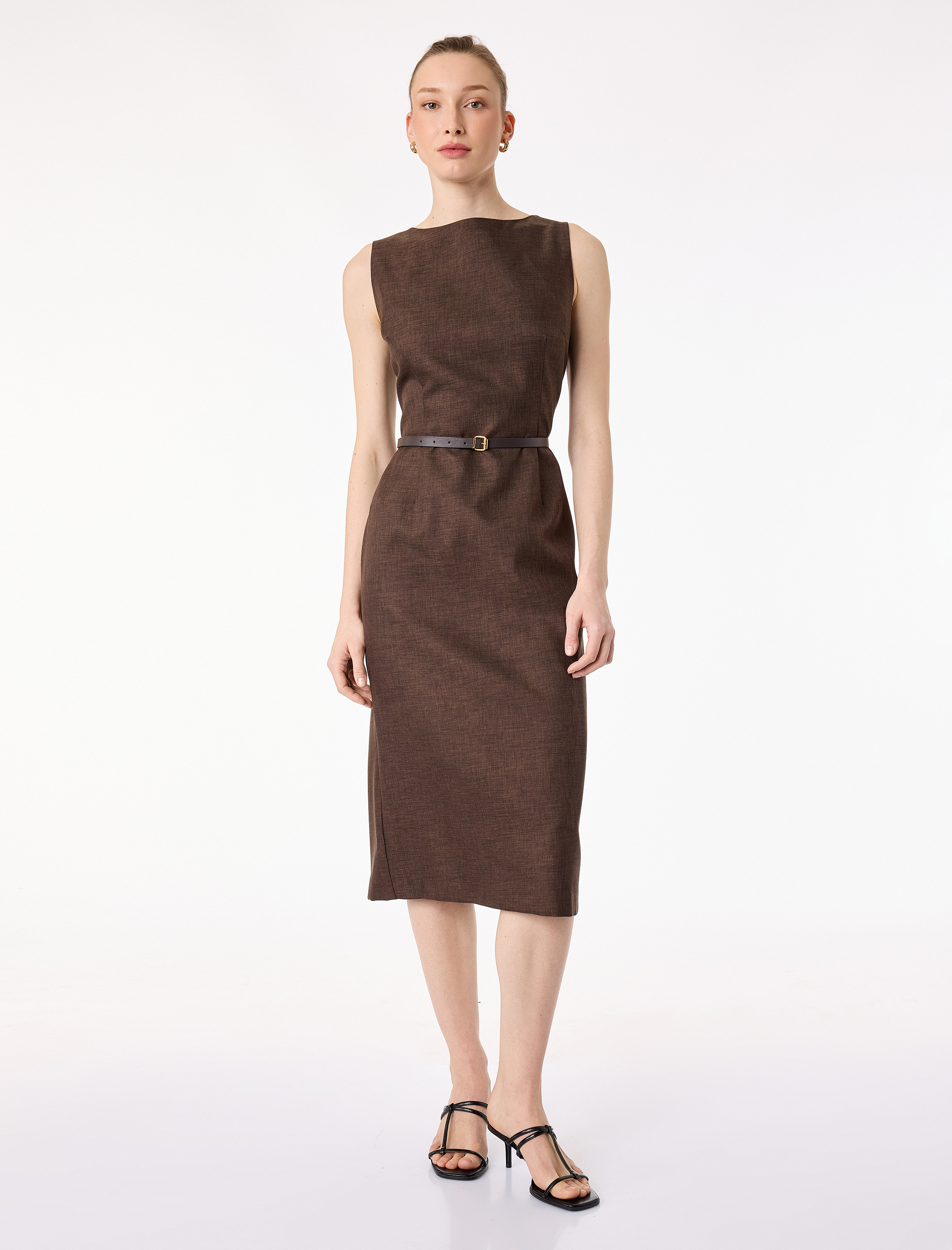   Kemer Detaylı Bisiklet Yaka Kolsuz Midi Elbise