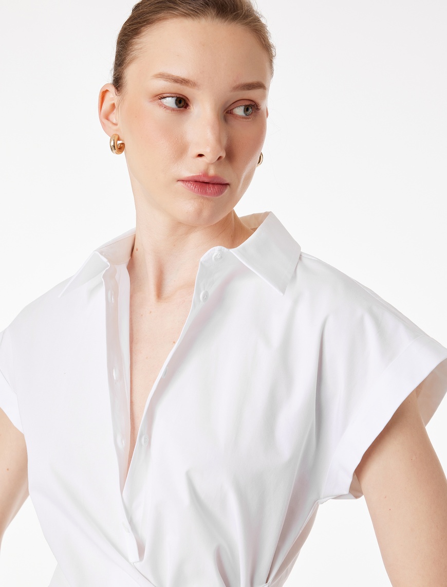 Koton Kadın Pamuklu Slim Fit Kap Kol Önden Bağlama Detaylı Poplin Gömlek