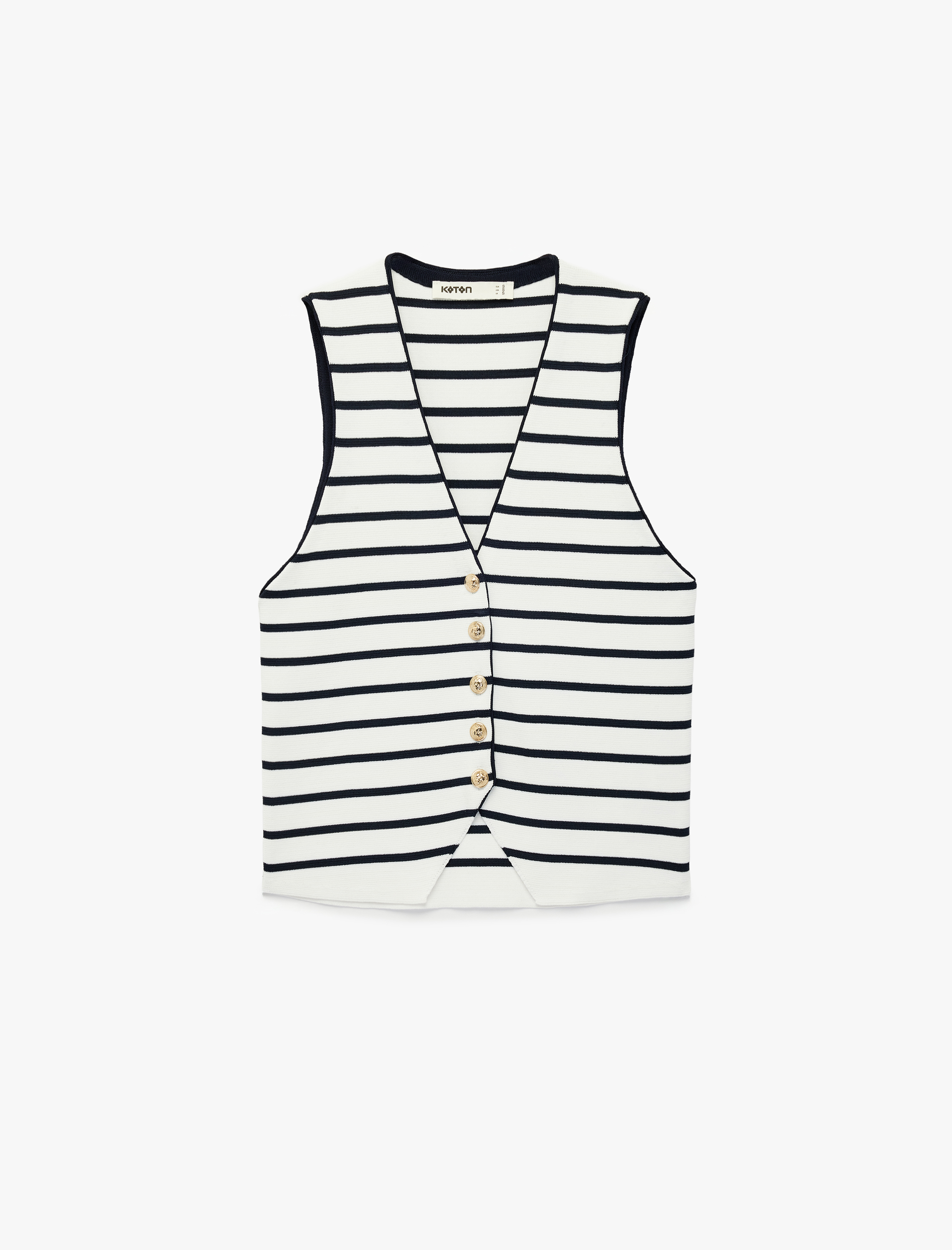   Gold Düğme Detaylı Çizgili Triko Yelek