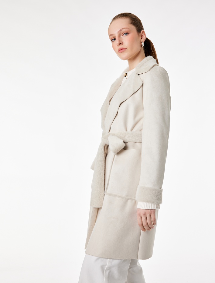  Uzun Kollu Cepli Kemerli Yakası Suni Kürklü Bonded Kaban