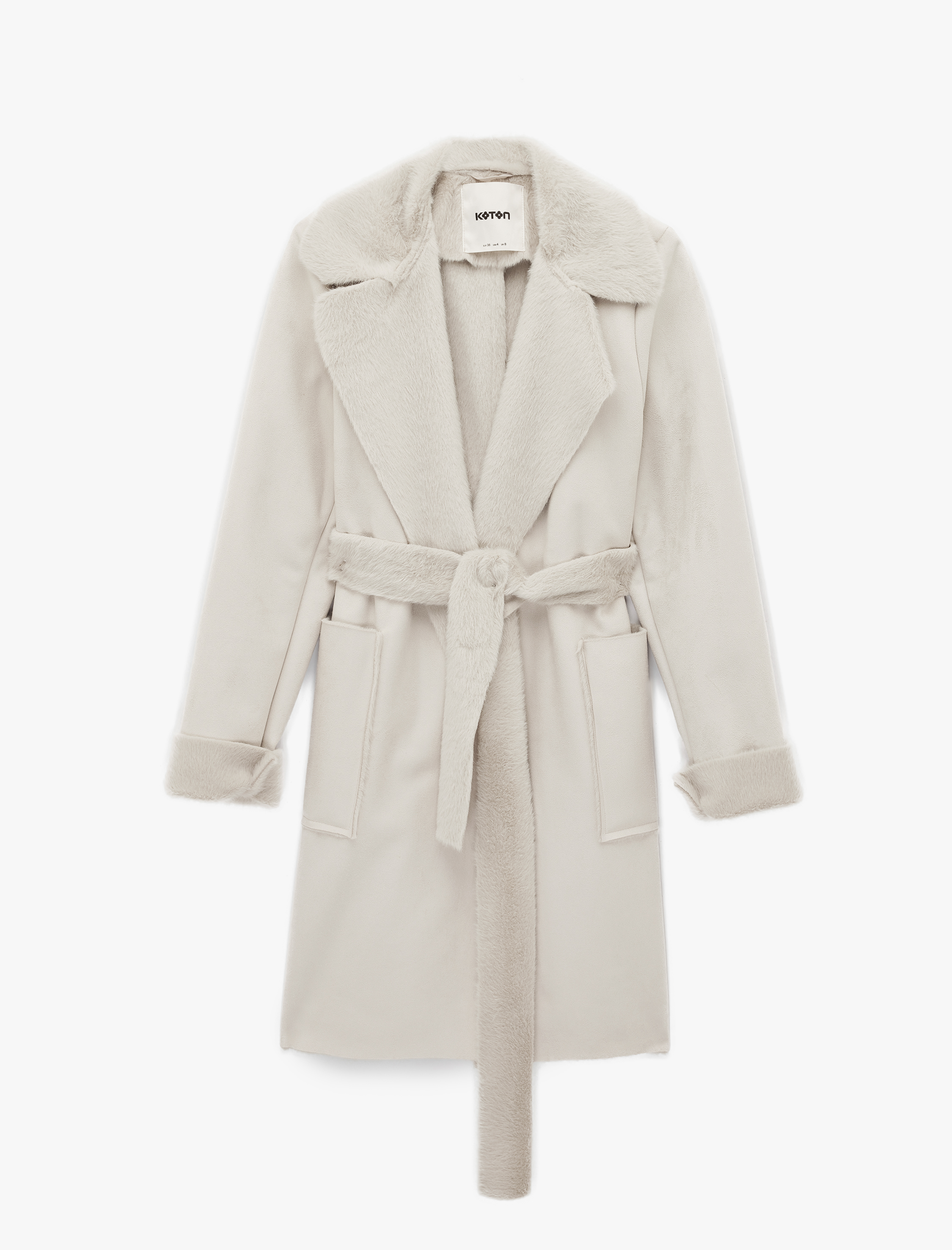   Uzun Kollu Cepli Kemerli Yakası Suni Kürklü Bonded Kaban