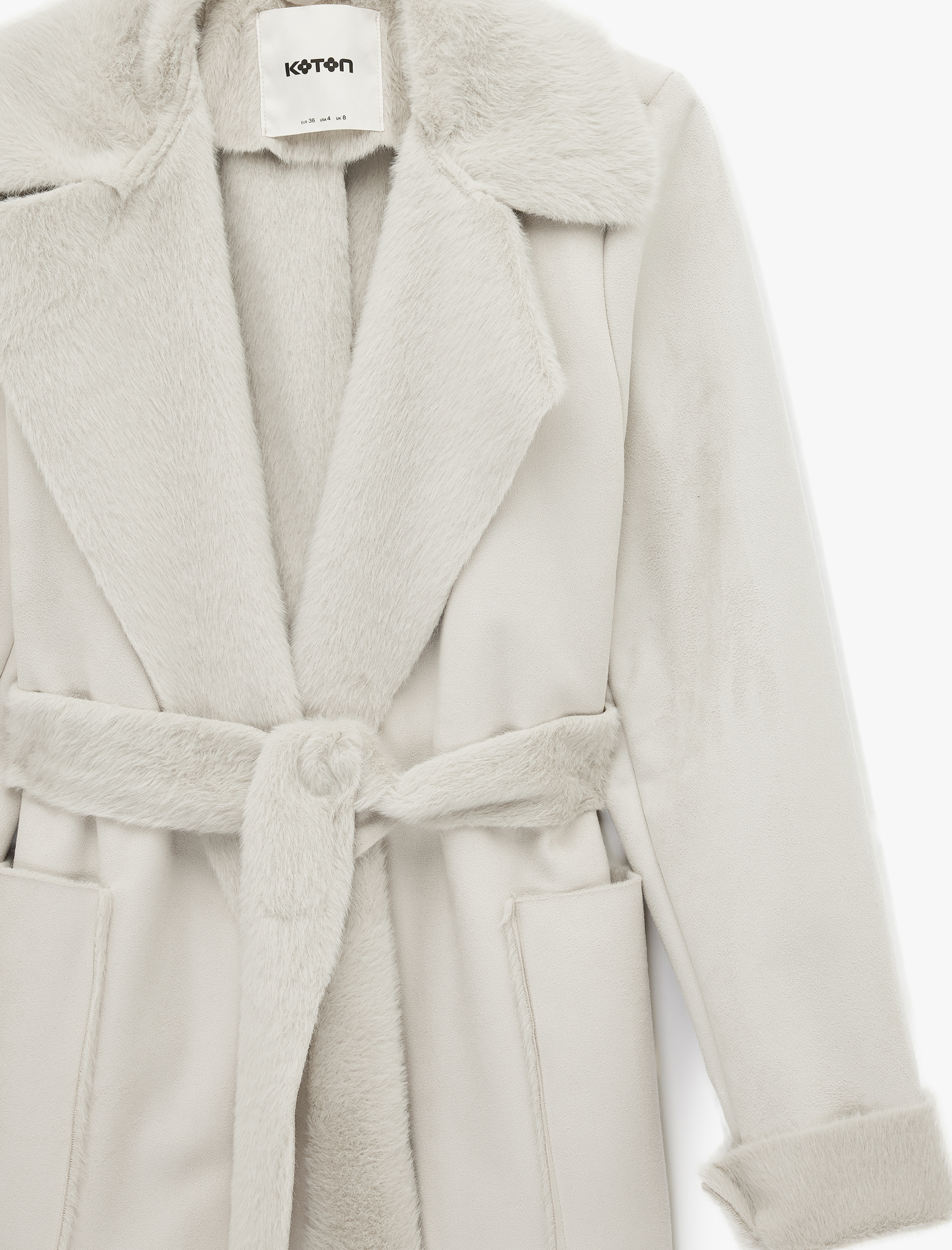   Uzun Kollu Cepli Kemerli Yakası Suni Kürklü Bonded Kaban