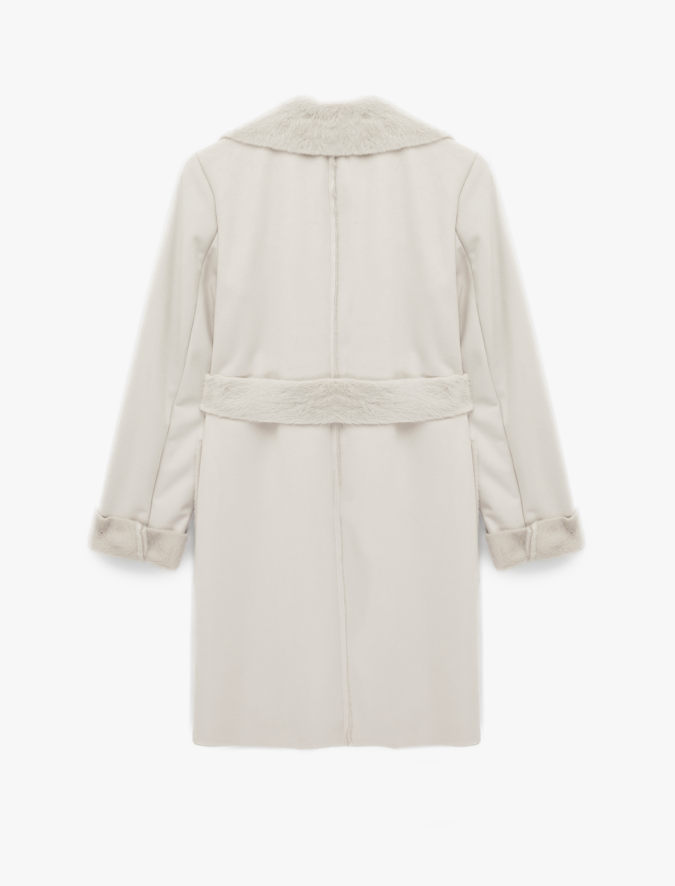   Uzun Kollu Cepli Kemerli Yakası Suni Kürklü Bonded Kaban