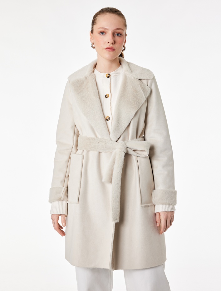  Uzun Kollu Cepli Kemerli Yakası Suni Kürklü Bonded Kaban