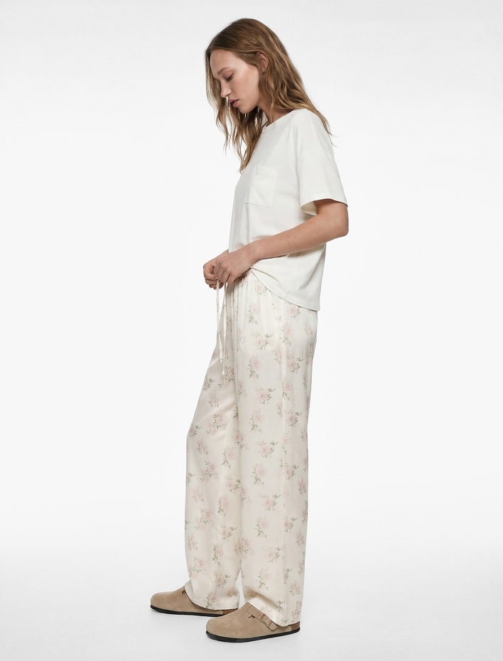  Beli Lastikli Cepli Çiçek Desenli Viskon Pijama Altı