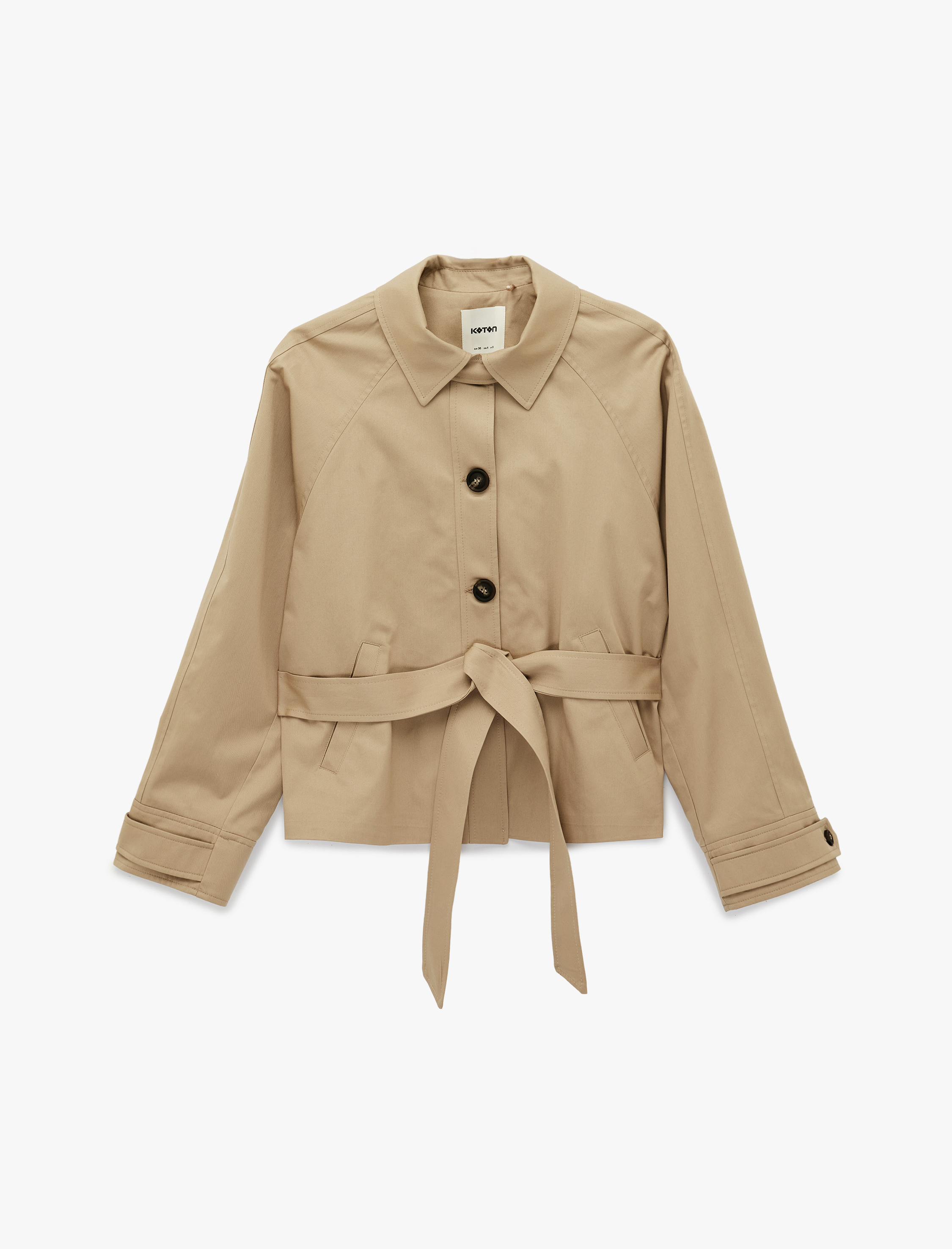   Uzun Kollu Düğmeli Cepli Kemerli Kısa Gabardin Trençkot