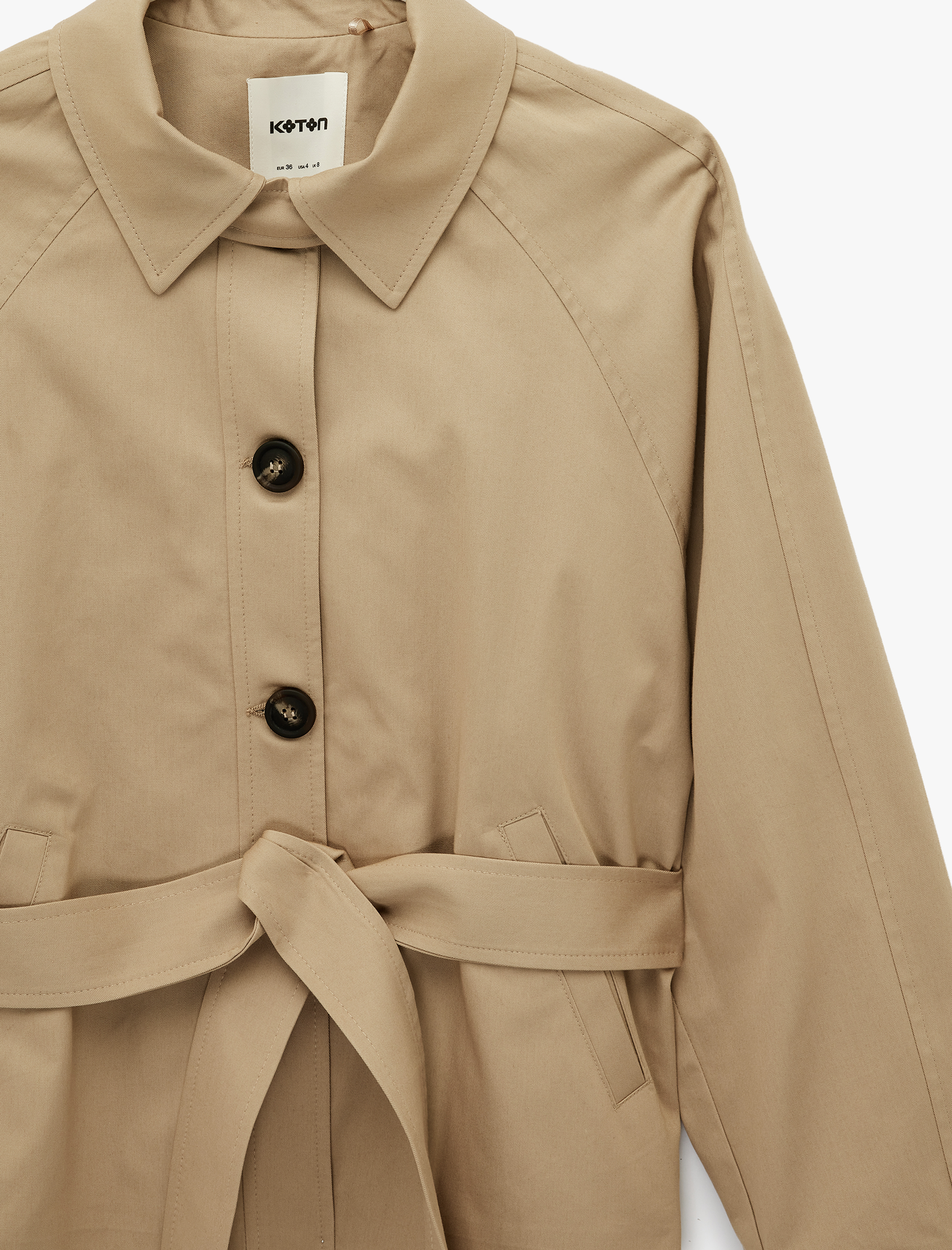   Uzun Kollu Düğmeli Cepli Kemerli Kısa Gabardin Trençkot