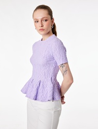 Slim Fit Bisiklet Yaka Kısa Kollu Dokulu Peplum Bluz