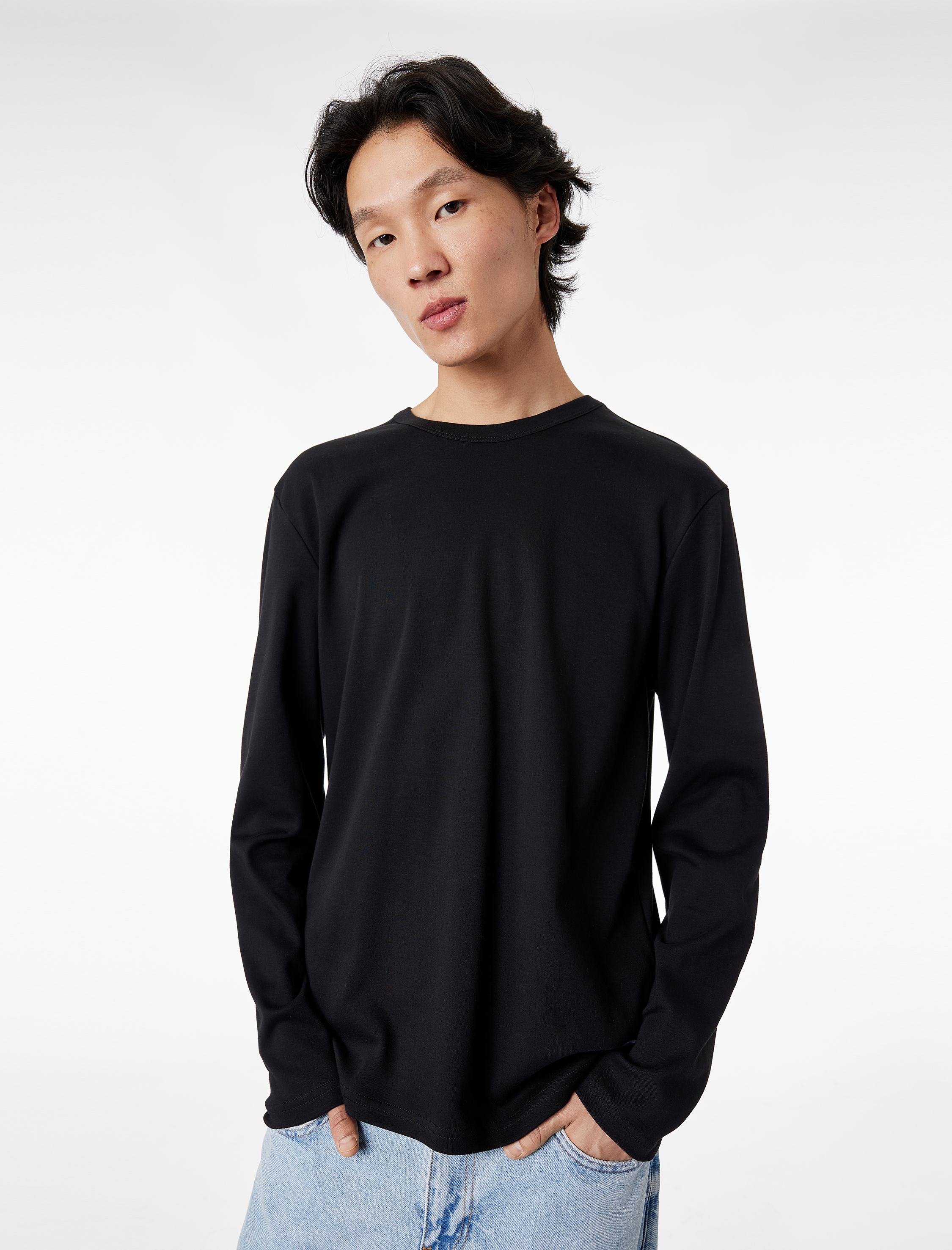   Regular Fit Pamuklu Uzun Kollu Bisiklet Yaka Tişört