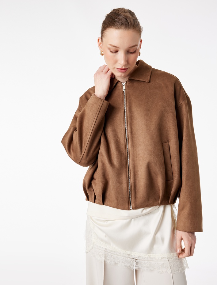  Uzun Kollu Cepli Fermuarlı Suni Süet Oversize Bomber Ceket