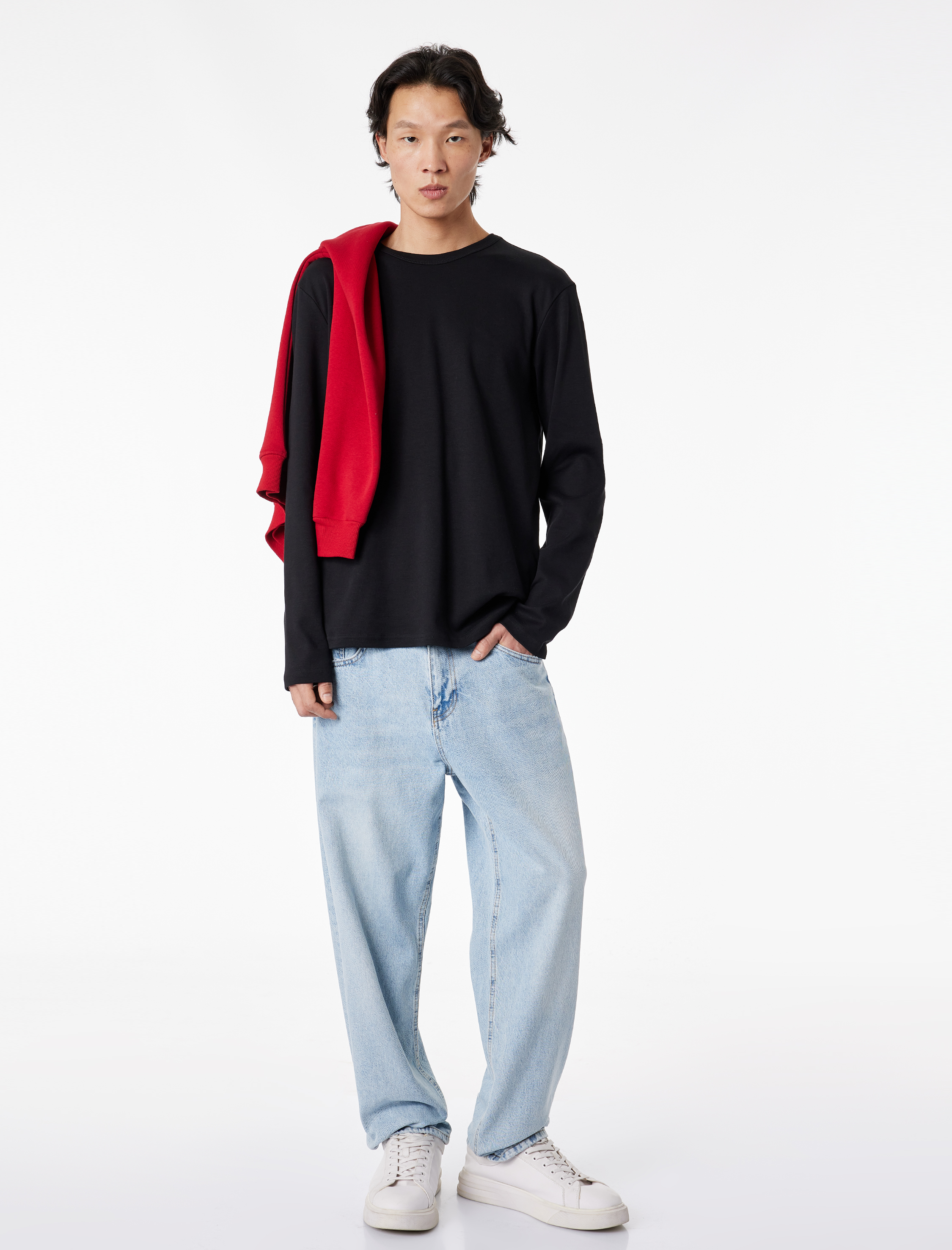   Regular Fit Pamuklu Uzun Kollu Bisiklet Yaka Tişört