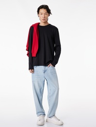 Regular Fit Pamuklu Uzun Kollu Bisiklet Yaka Tişört