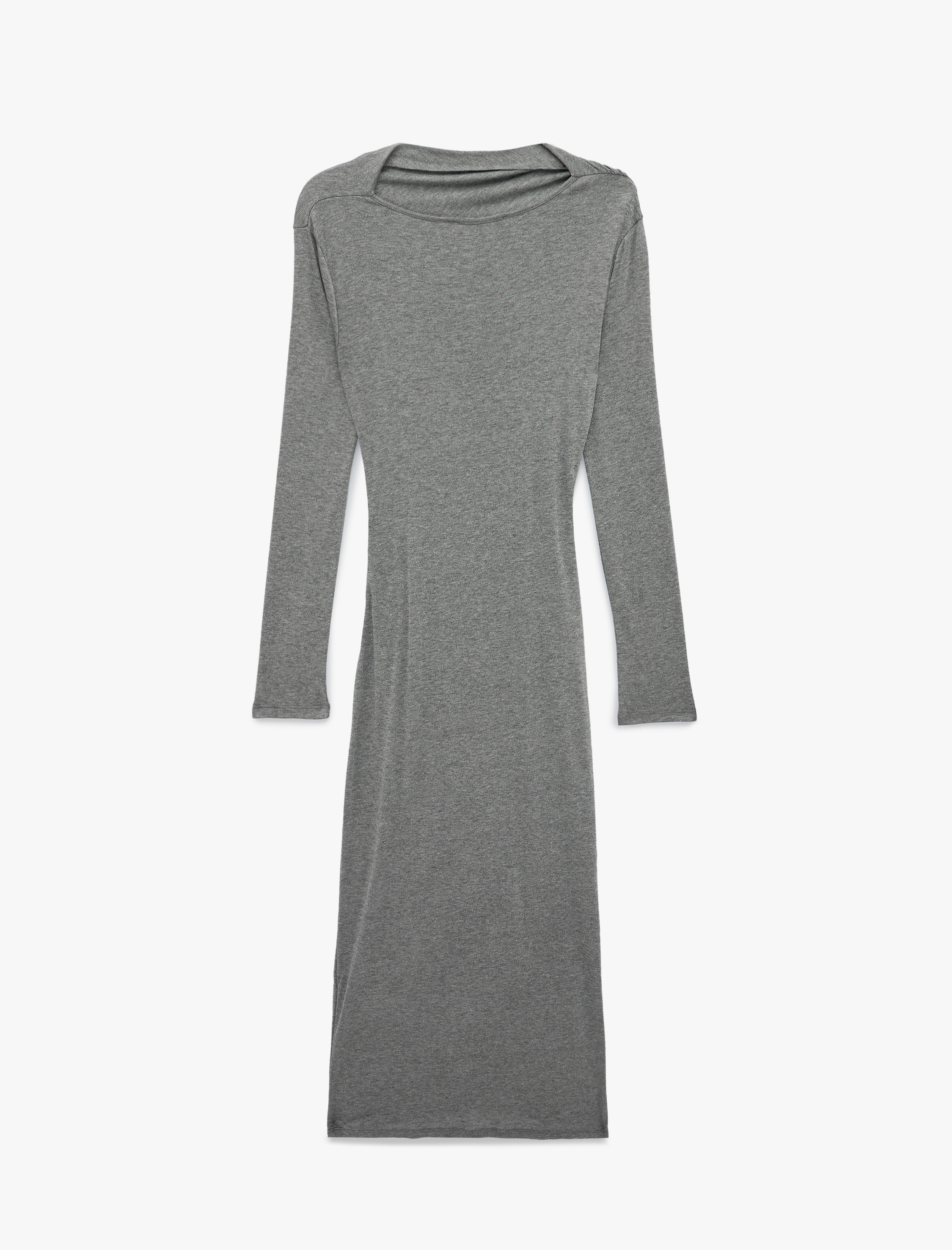   Slim Fit Uzun Kollu Yuvarlak Yaka Drapeli Kalem Midi Elbise