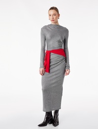 Slim Fit Uzun Kollu Yuvarlak Yaka Drapeli Kalem Midi Elbise