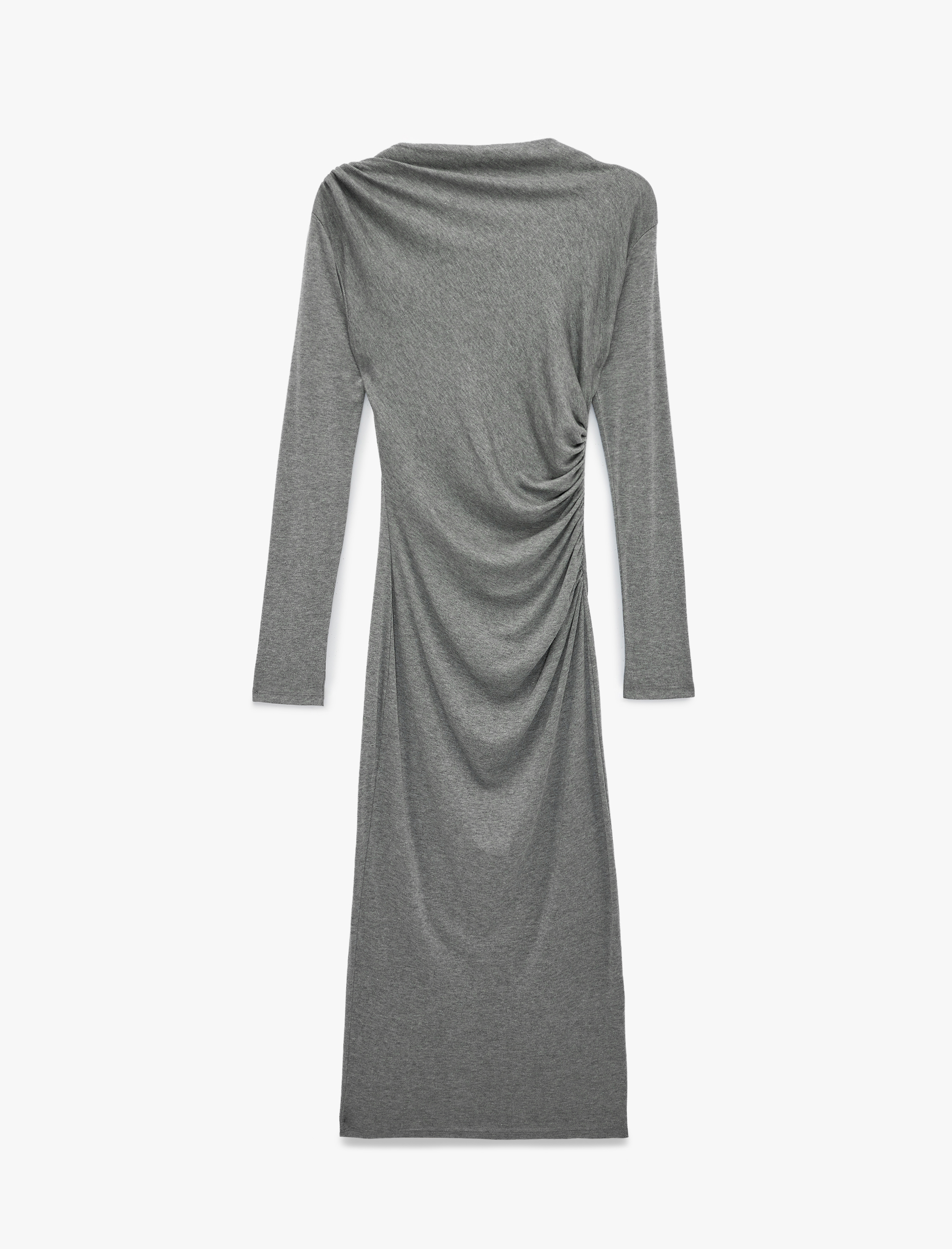   Slim Fit Uzun Kollu Yuvarlak Yaka Drapeli Kalem Midi Elbise