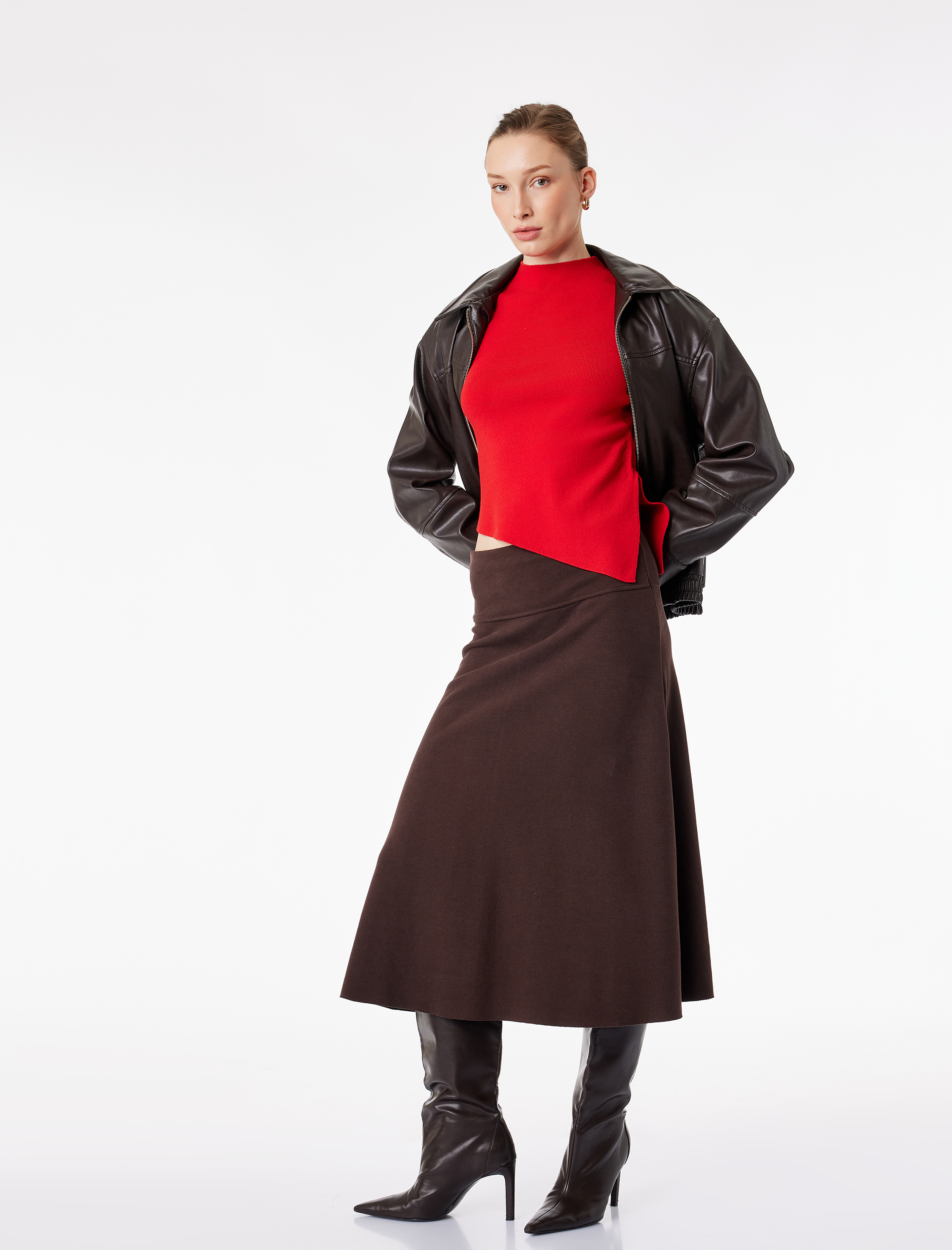   Yumuşak Dokulu Dikiş Detaylı Midi Boy Etek