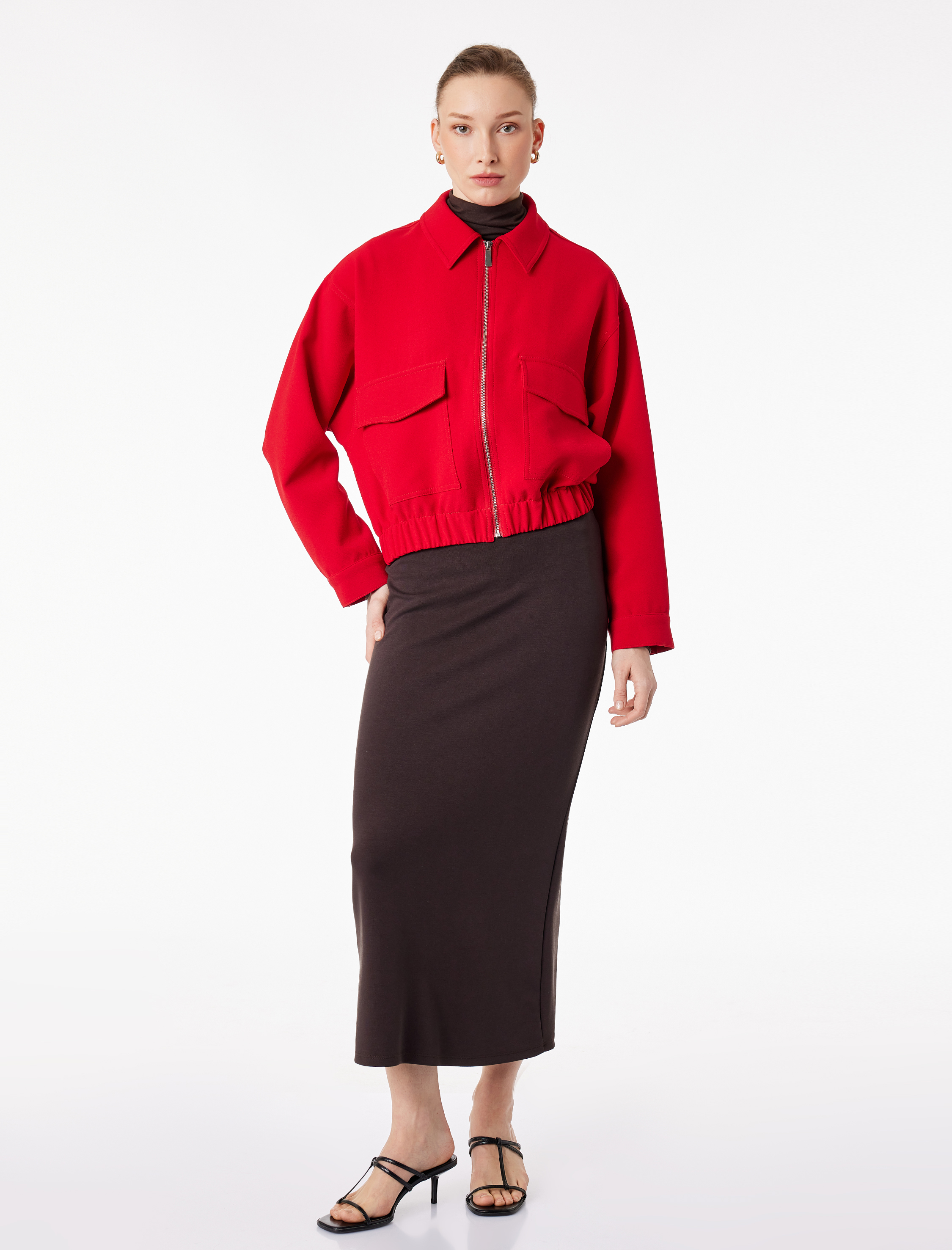   Modal Kumaş Slim Fit Yırtmaçlı Midi Kalem Etek