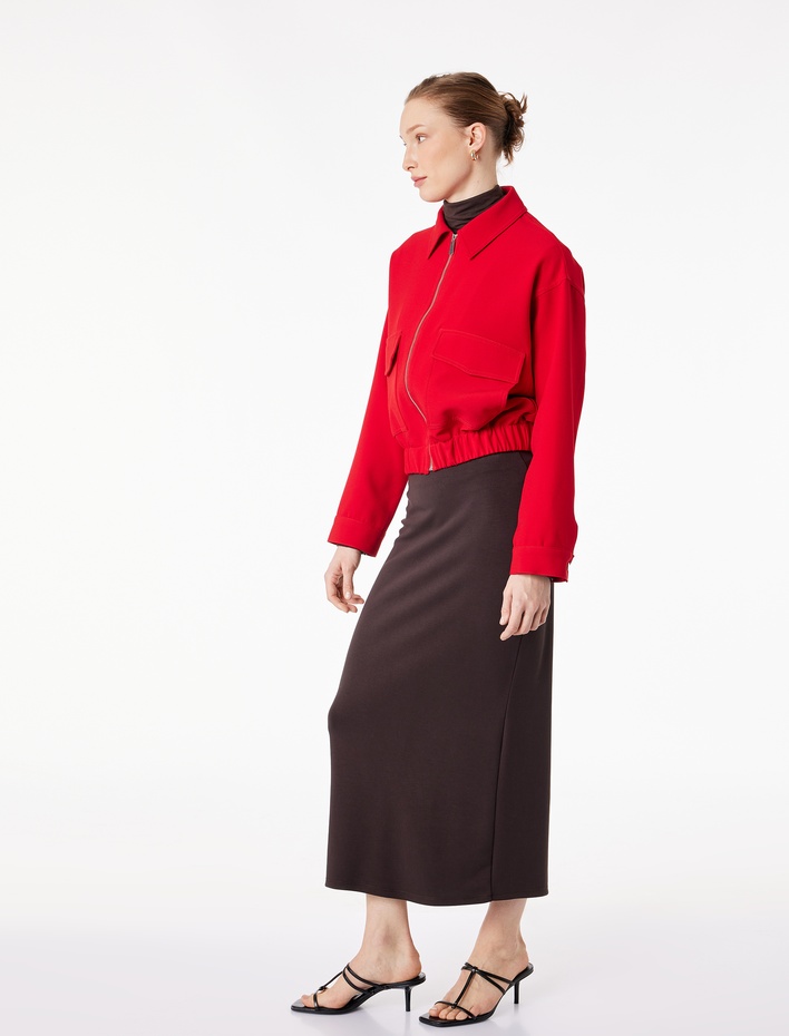  Modal Kumaş Slim Fit Yırtmaçlı Midi Kalem Etek