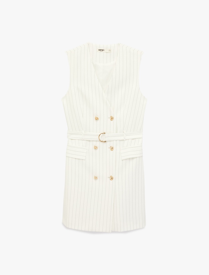  Kruvaze Yaka Kolsuz Metal Aksesuarlı Kemerli Mini Ceket Elbise