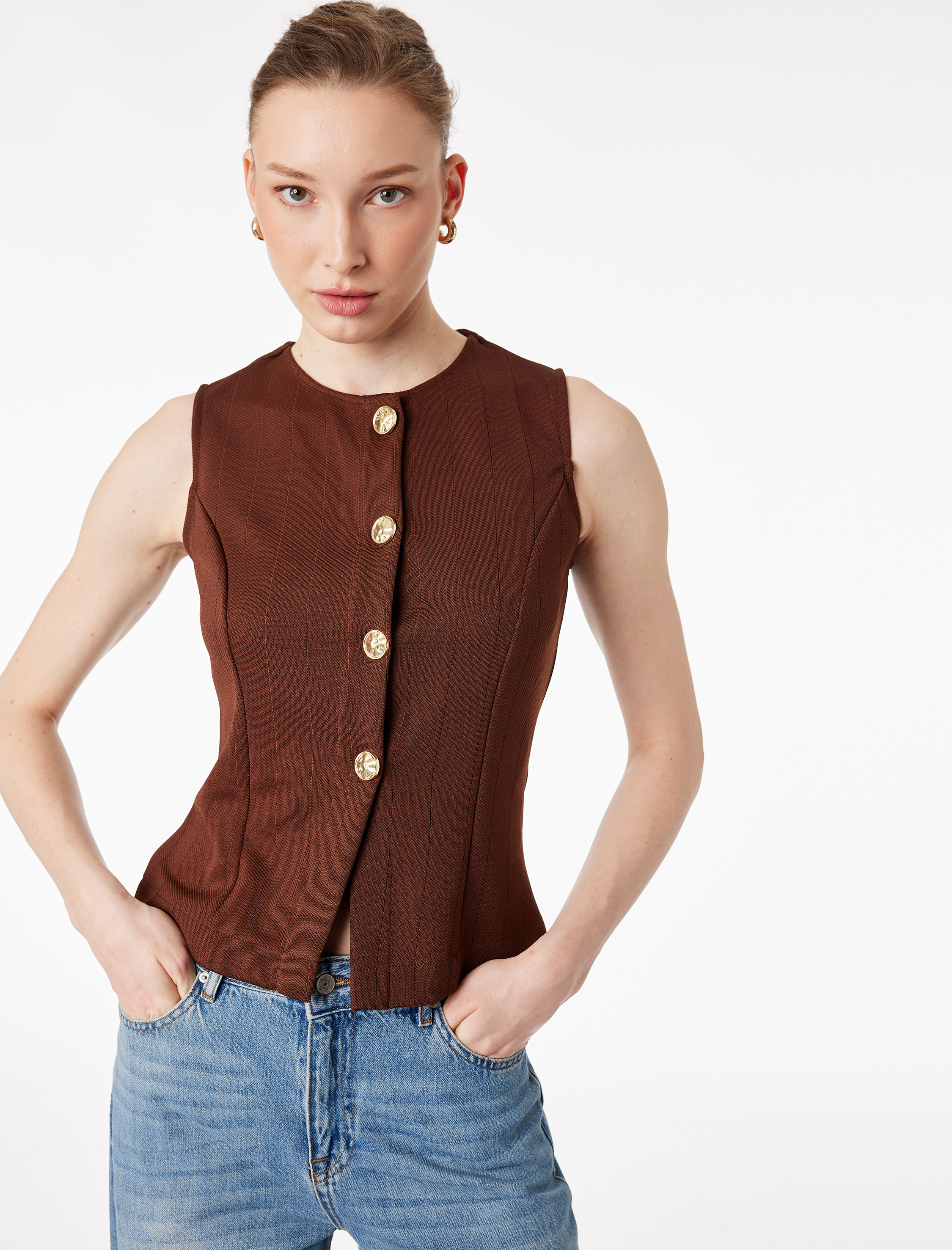   Mücevher Düğme Detaylı Bisiklet Yaka Peplum Yelek