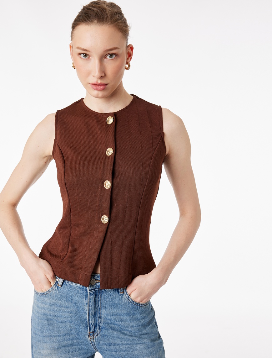 Koton Kadın Mücevher Düğme Detaylı Bisiklet Yaka Peplum Yelek