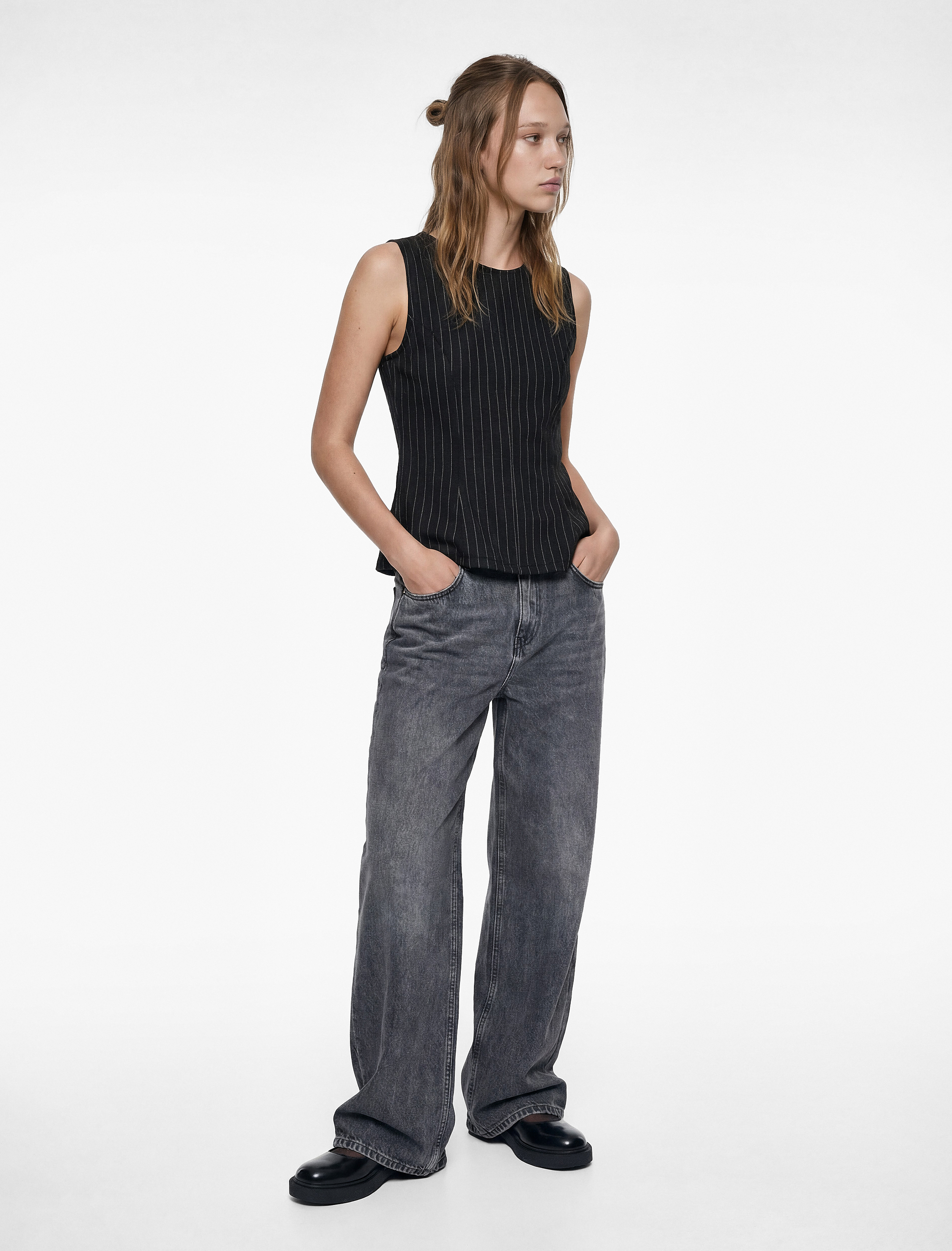   Slim Fit Kolsuz Bisiklet Yaka Çizgili Peplum Bluz