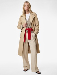 Uzun Kollu Cepli Kemerli Düğmeli Kruvaze Gabardin Oversize Trençkot