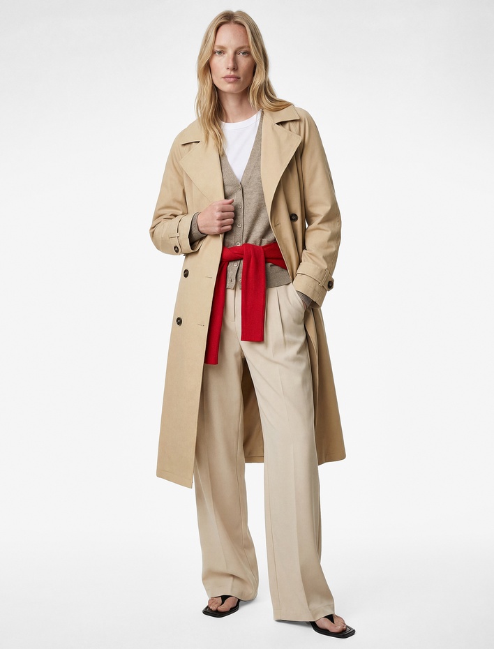  Uzun Kollu Cepli Kemerli Düğmeli Kruvaze Gabardin Oversize Trençkot