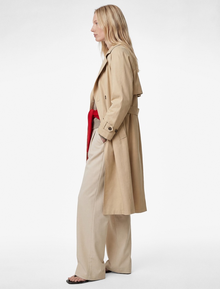  Uzun Kollu Cepli Kemerli Düğmeli Kruvaze Gabardin Oversize Trençkot