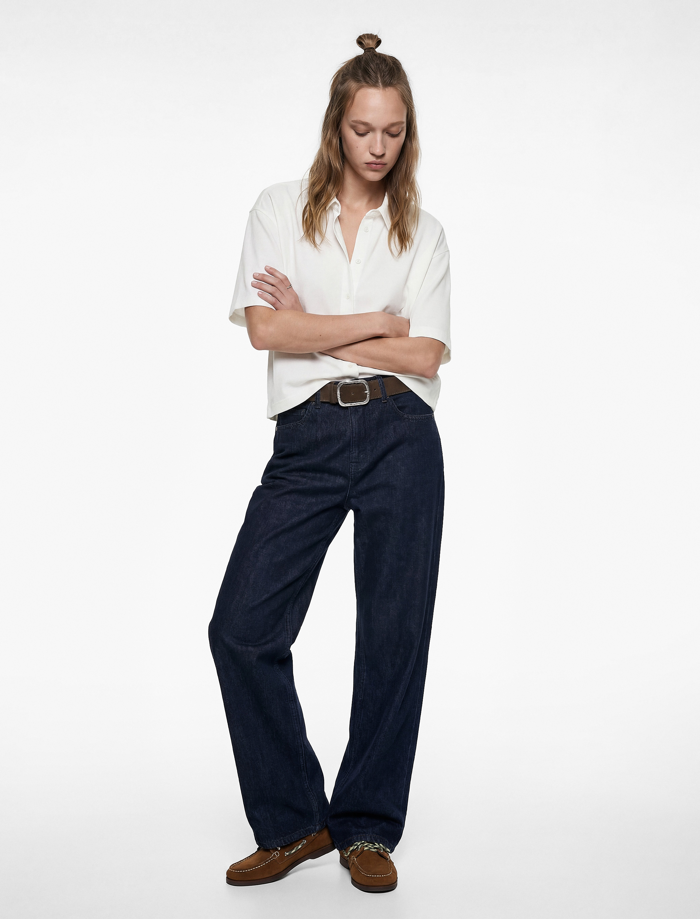   Pamuklu Düğmeli Klasik Yaka Kısa Kollu Crop Gömlek