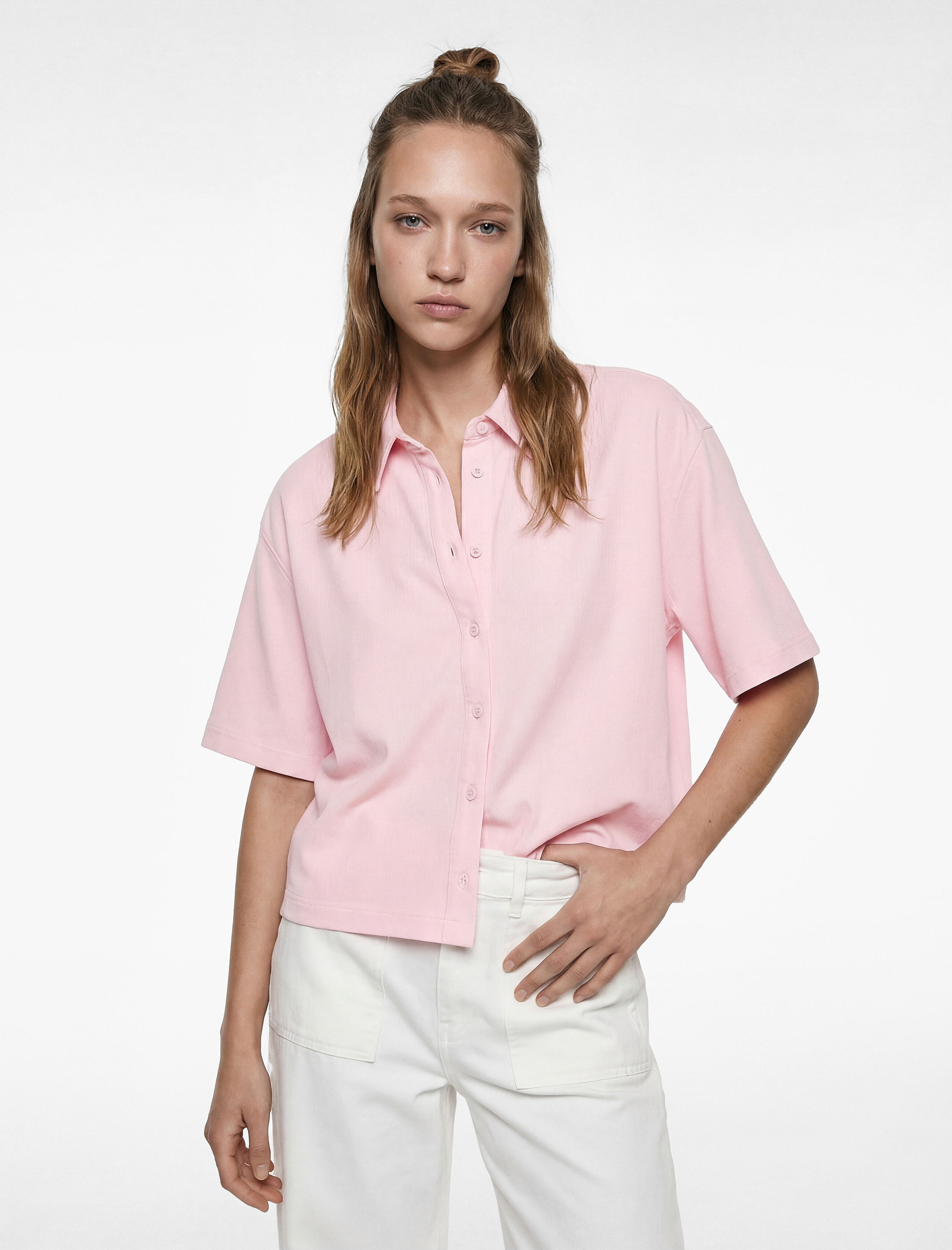   Pamuklu Düğmeli Klasik Yaka Kısa Kollu Crop Gömlek