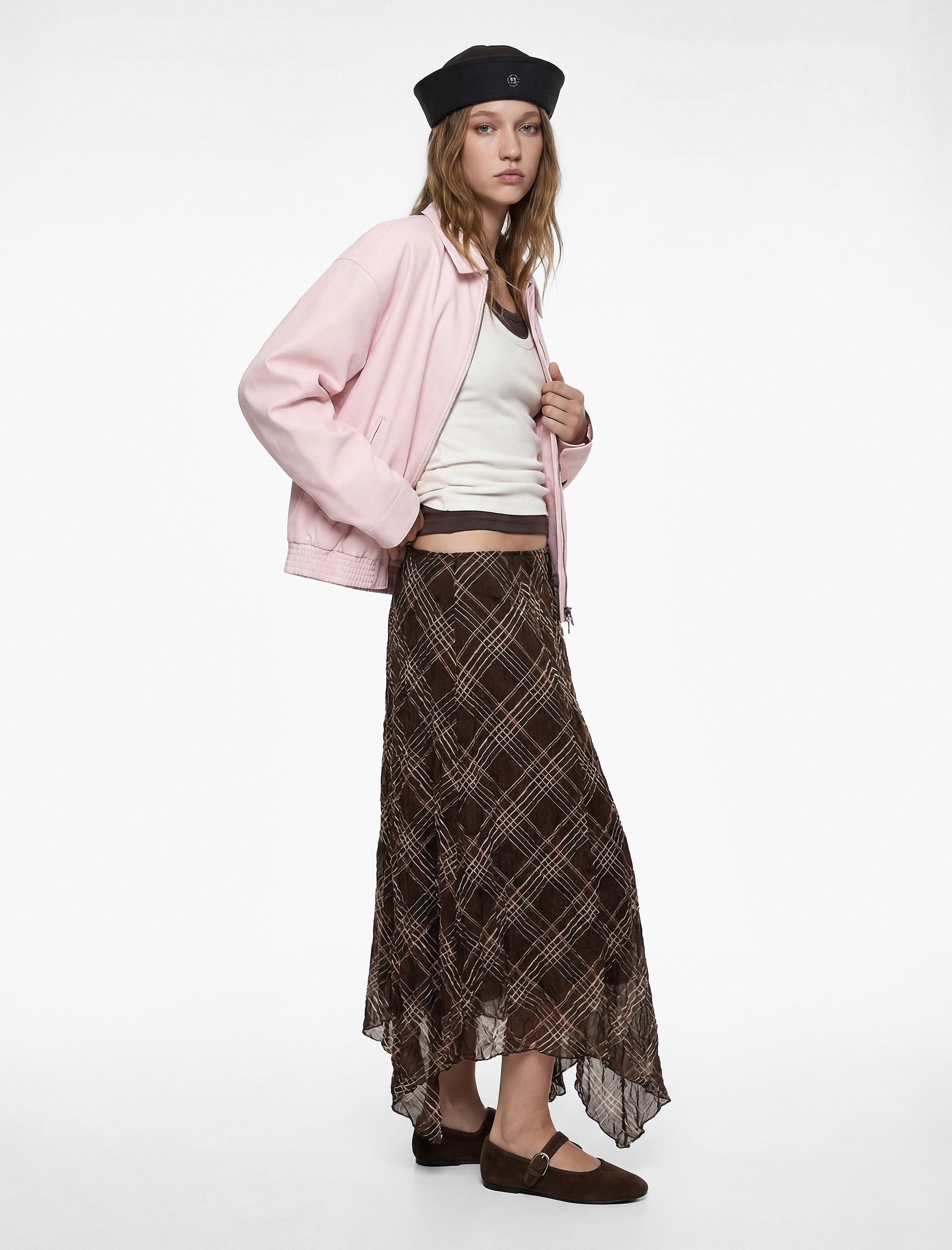   Asimetrik Kesim Volanlı Uzun Ekoseli Şifon Etek