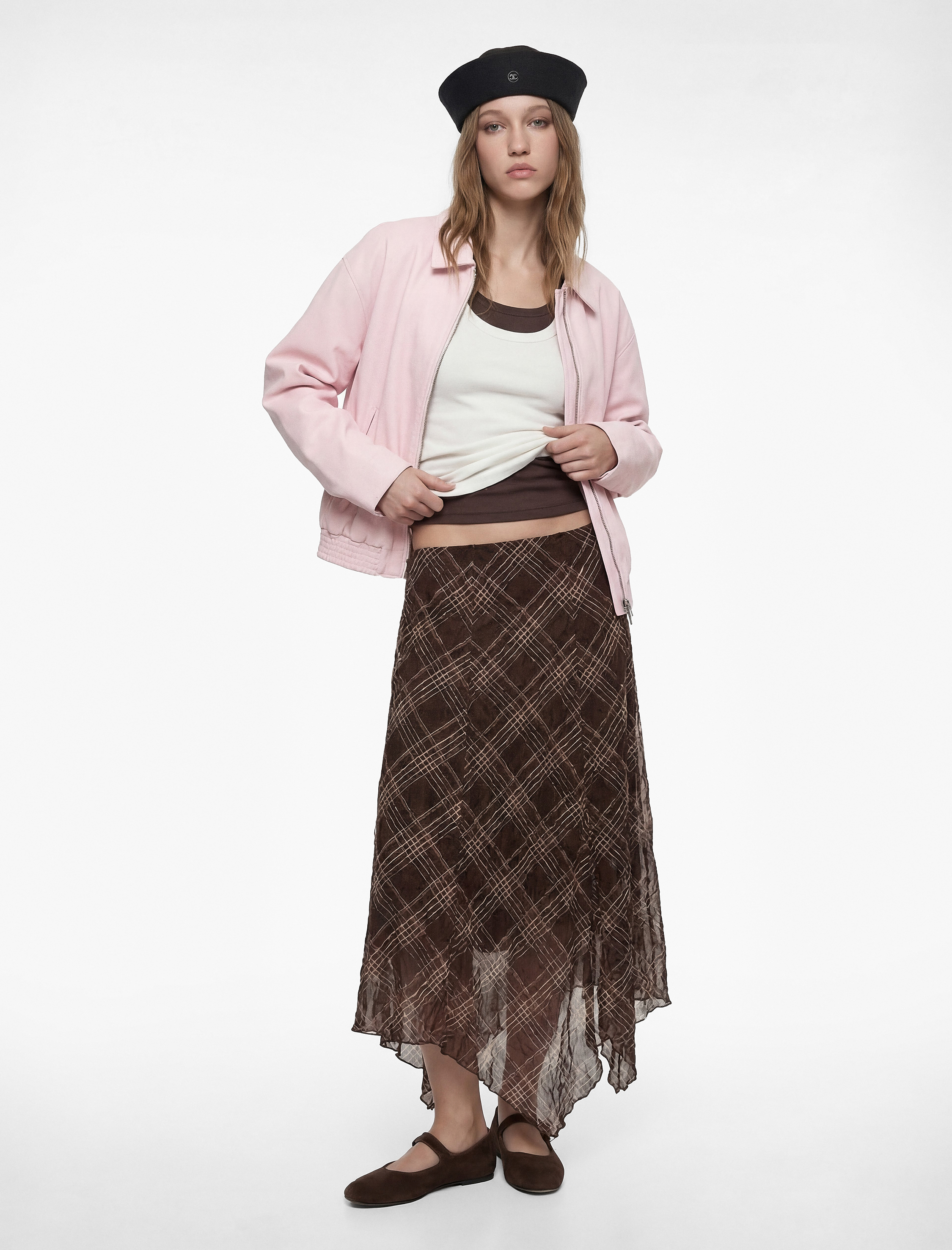   Asimetrik Kesim Volanlı Uzun Ekoseli Şifon Etek