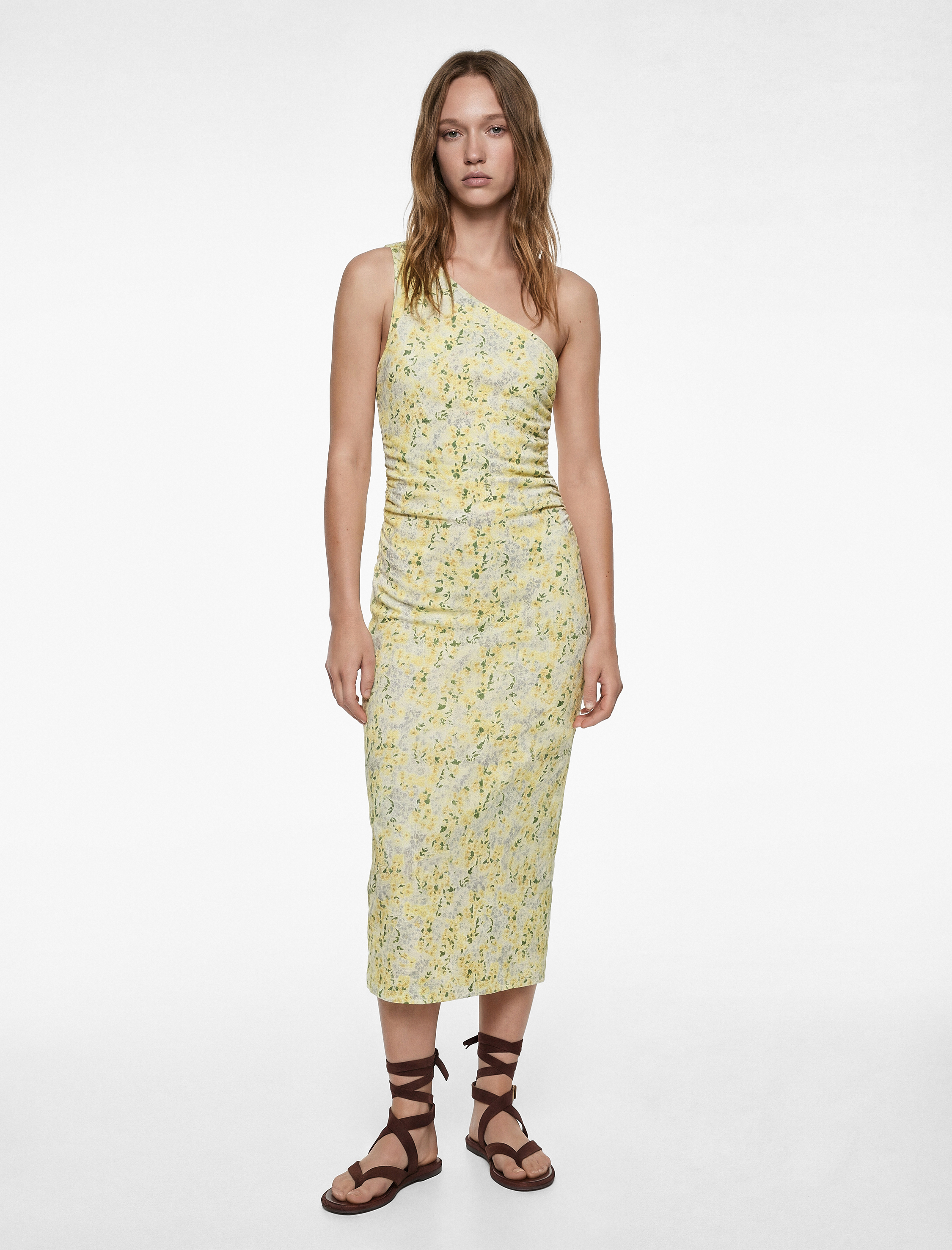   Tek Omuz Büzgülü Kolsuz Çiçekli Uzun Elbise