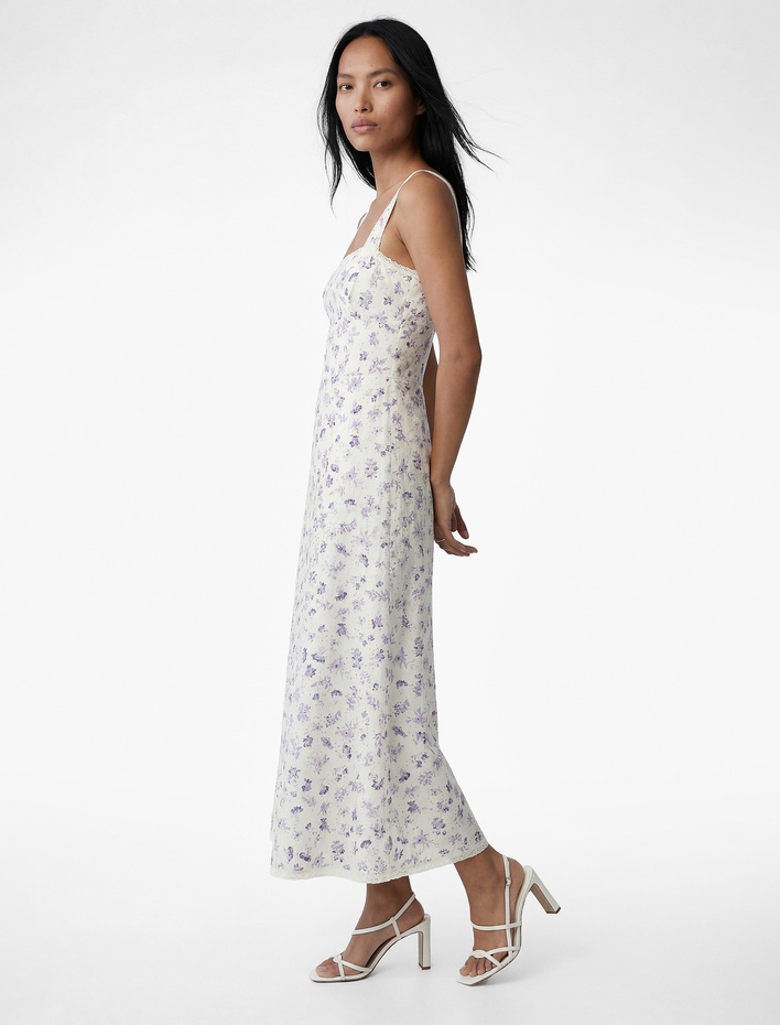  Pamuklu İnce Askılı Çiçekli Midi Kloş Poplin Elbise