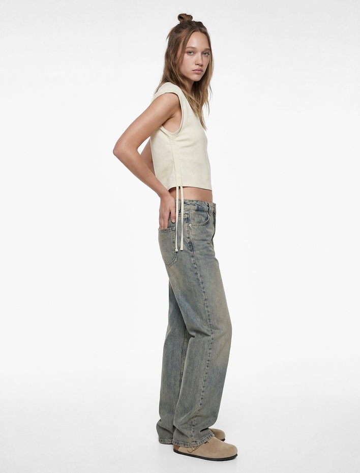  Pamuklu Kolsuz Bisiklet Yaka Büzgülü Crop Bluz