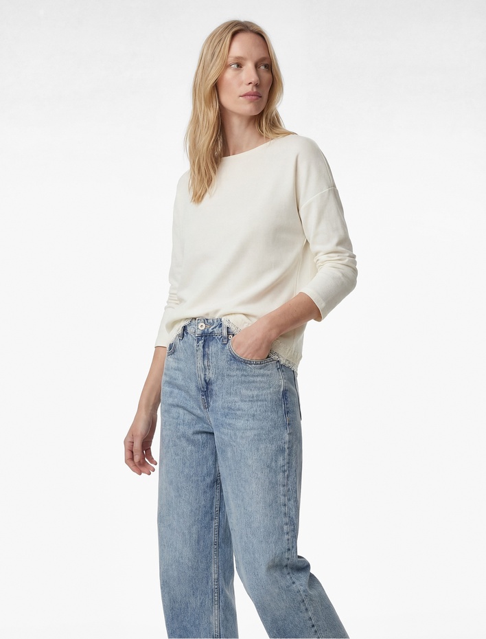  Uzun Kollu Bisiklet Yaka Dantel Detaylı Sweatshirt