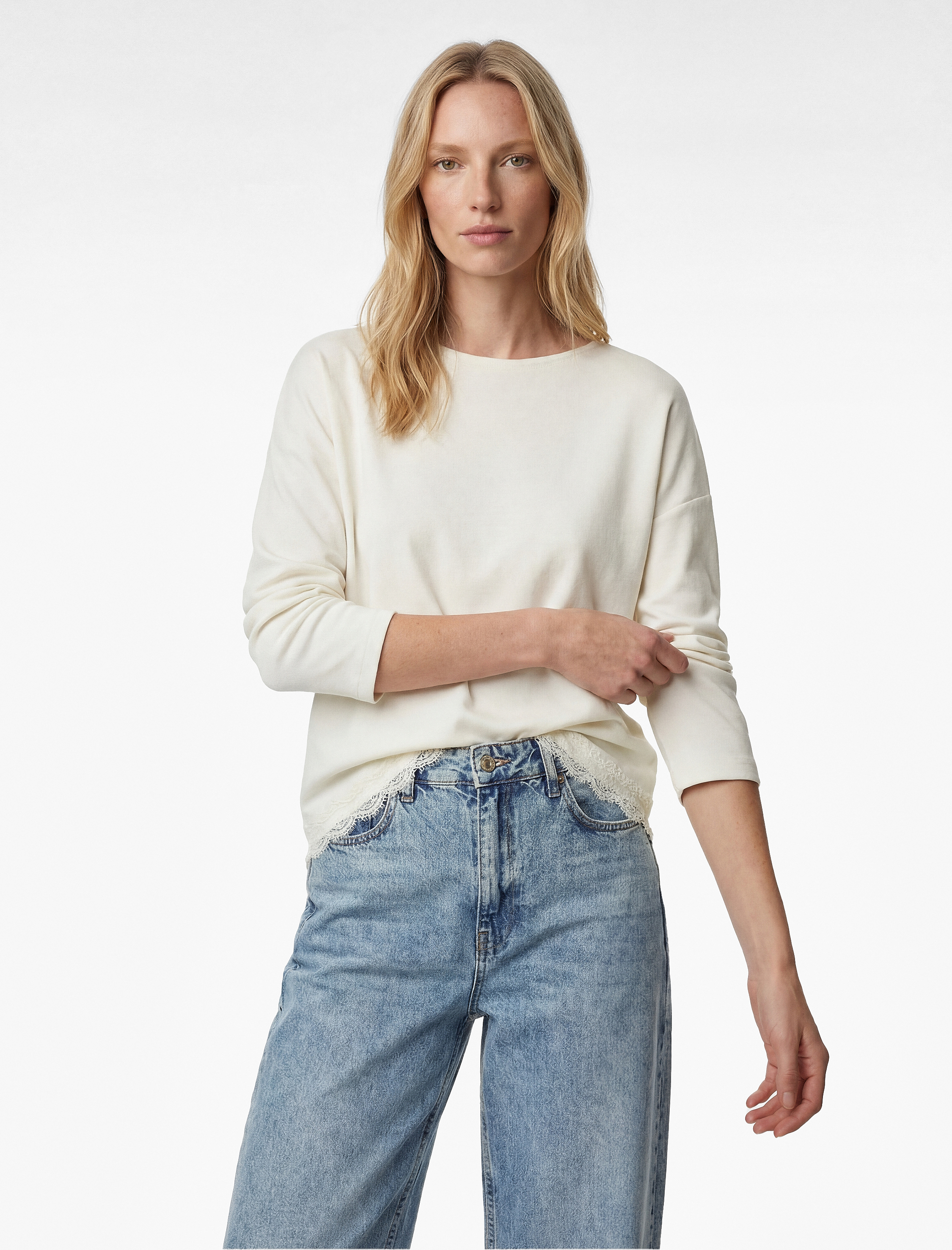   Uzun Kollu Bisiklet Yaka Dantel Detaylı Sweatshirt