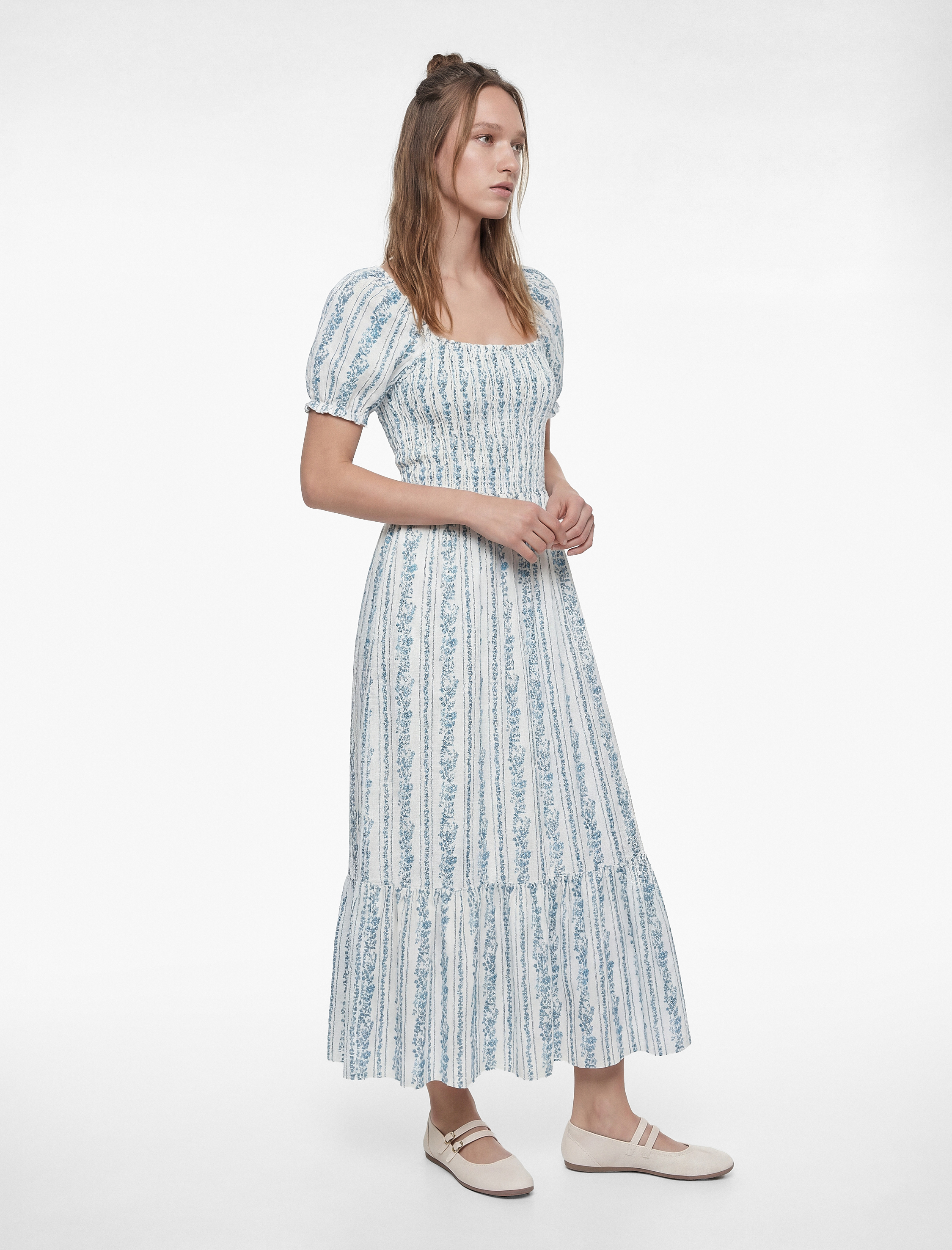   Pamuklu Kısa Balon Kollu U Yaka Gipeli Çiçekli Maxi Elbise