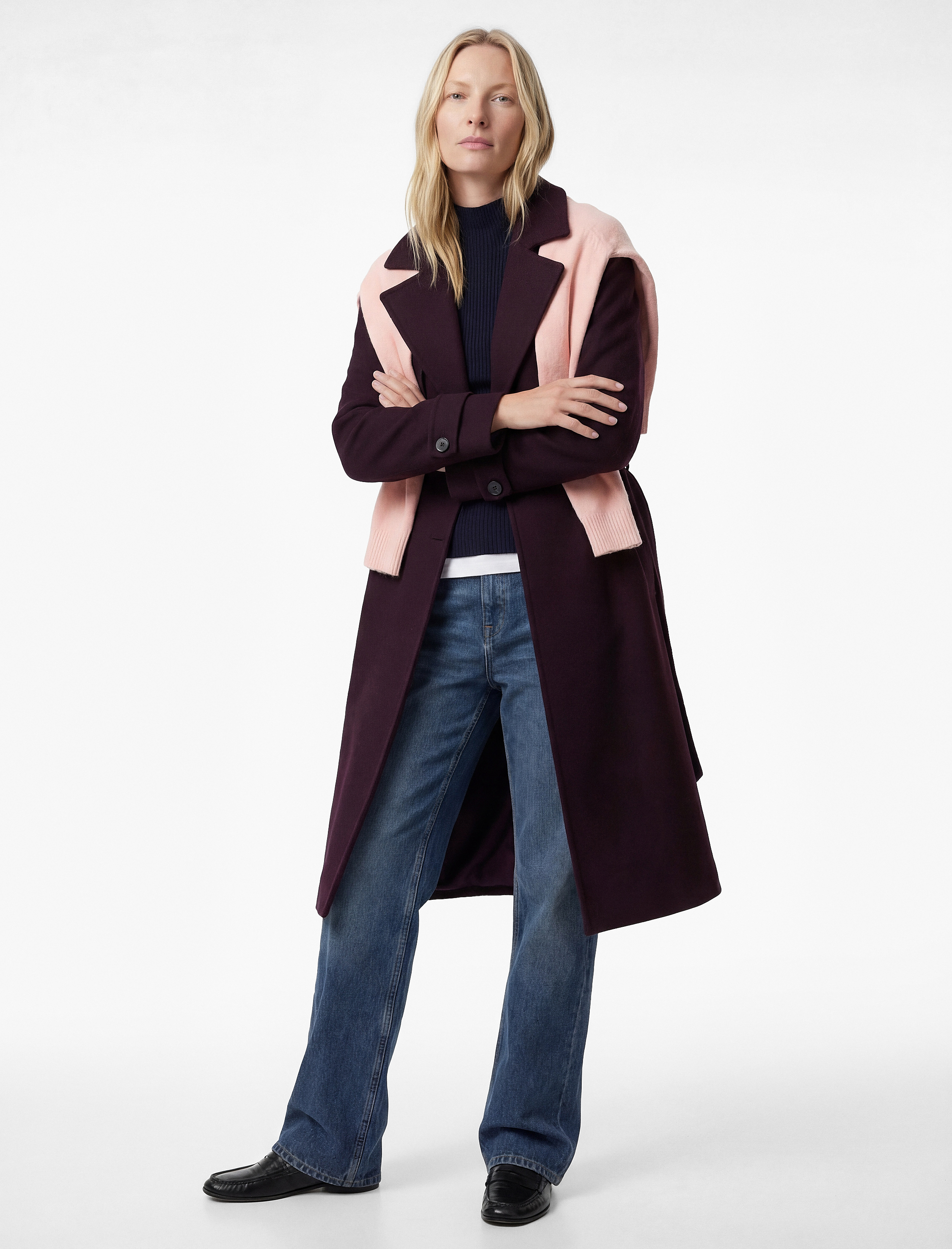   Uzun Kollu Kemerli Düğmeli Kruvaze Kaşe Trenç Kaban