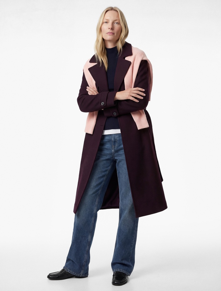  Uzun Kollu Kemerli Düğmeli Kruvaze Kaşe Trenç Kaban