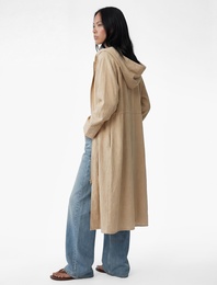 Belden Bağlama Detaylı Uzun Kollu Fermuarlı Kapüşonlu Uzun Ceket