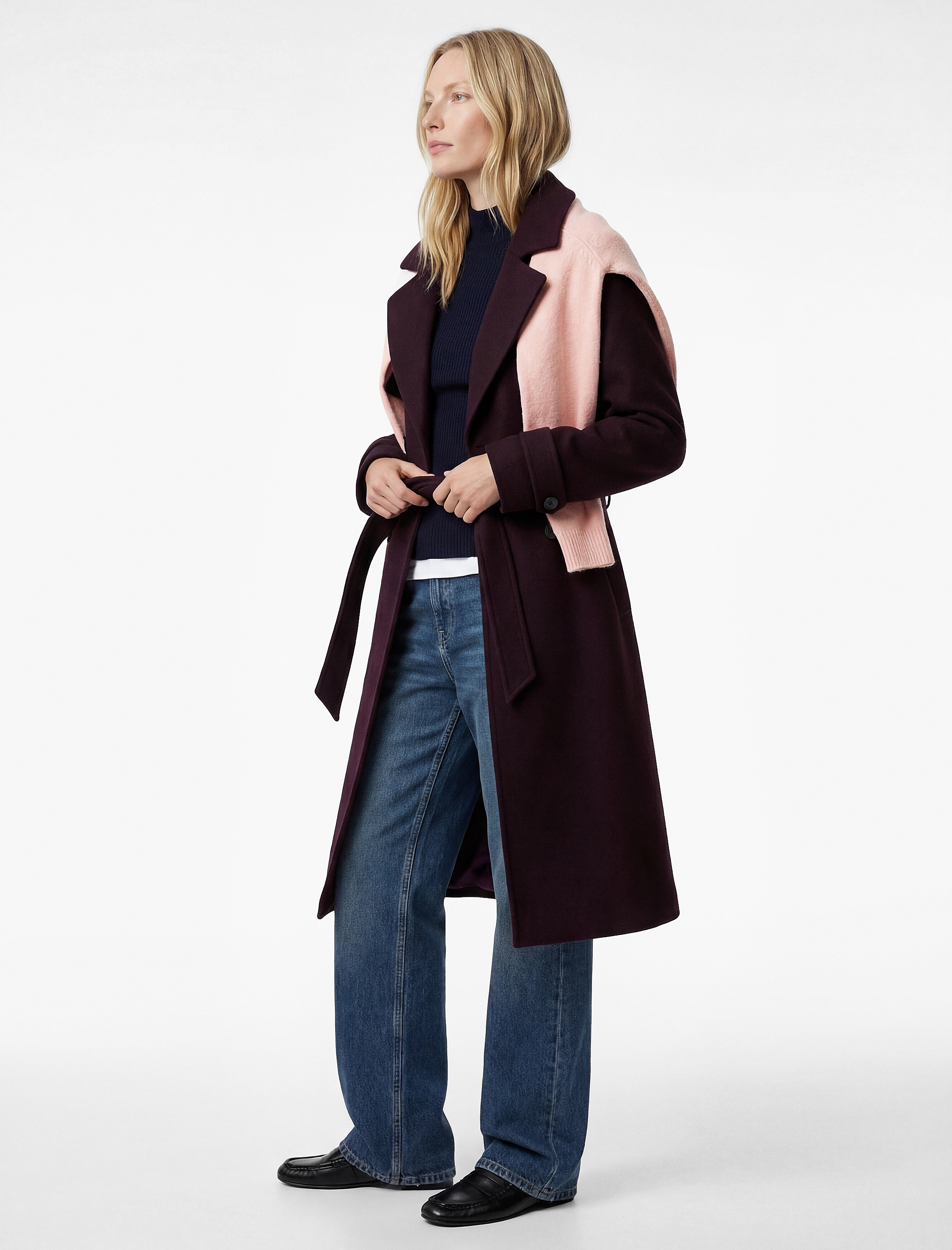   Uzun Kollu Kemerli Düğmeli Kruvaze Kaşe Trenç Kaban