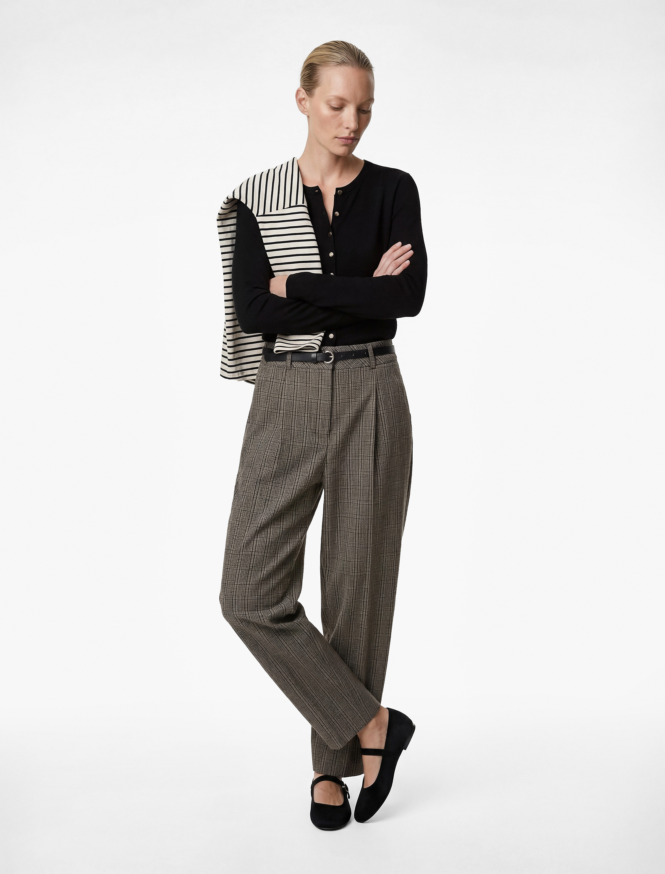   Kemer Detaylı Cepli Yüksek Bel Ekoseli Cigarette Pantolon